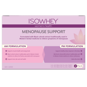Box of IsoWhey Menopause Support with pink and purple design on a white background