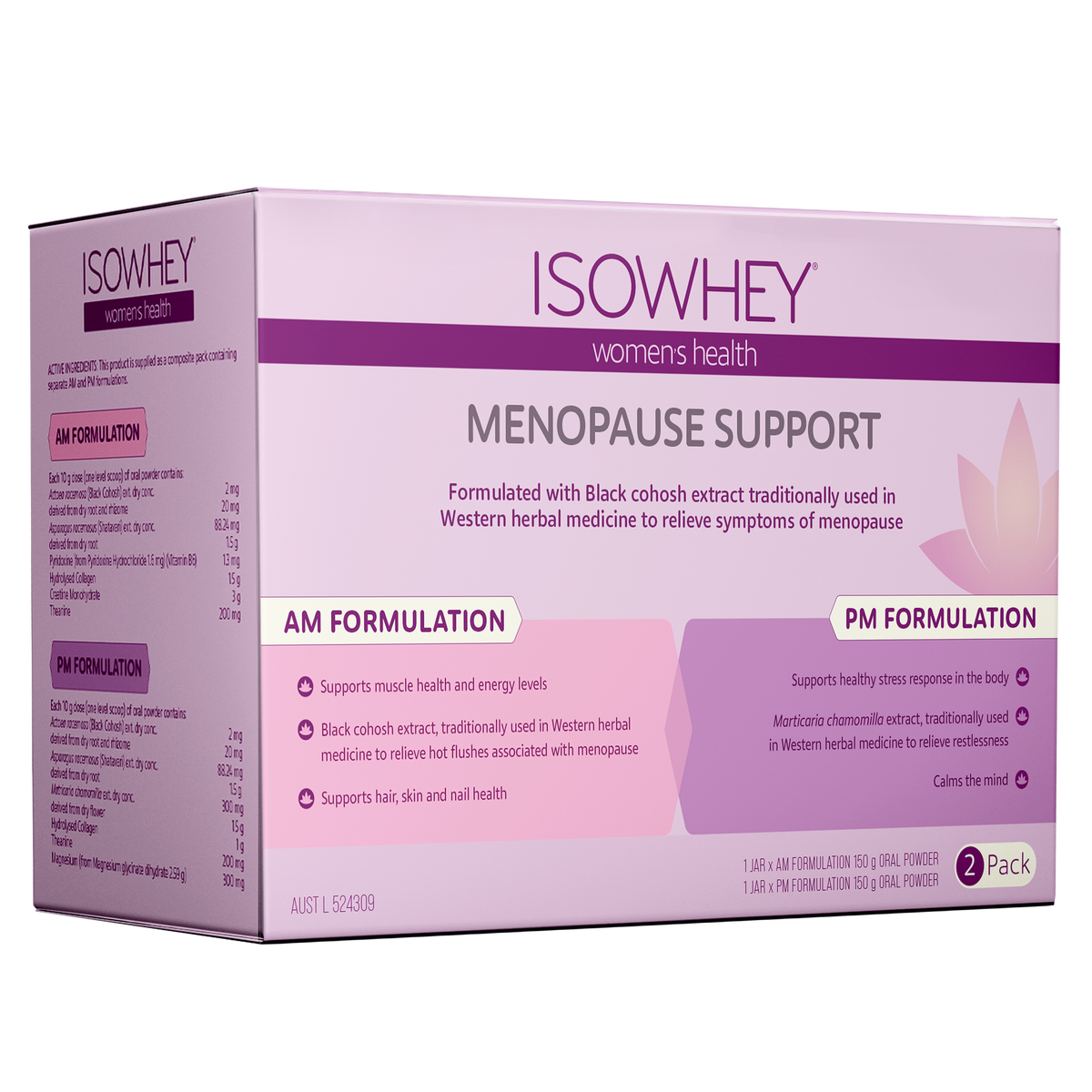 ISOWHEY Menopause Support packaging with purple and pink design