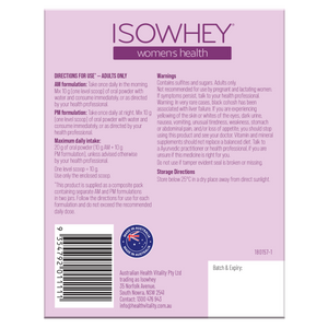 Back label of IsoWhey women's health supplement packaging with text and branding.