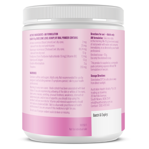 Pink supplement container with label on a white background