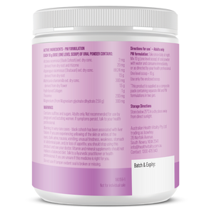 Supplement container with purple label and white lid on a white background