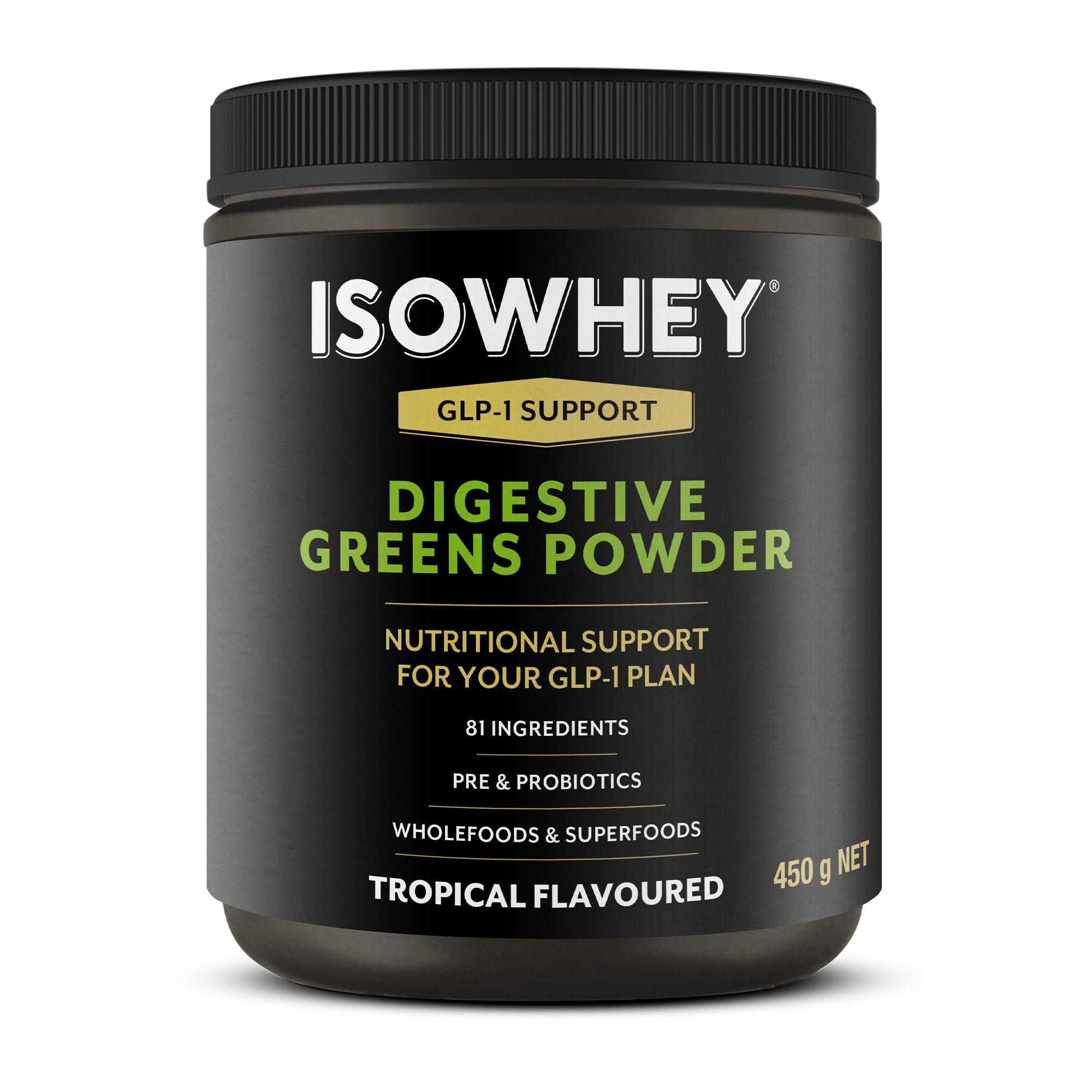 IsoWhey GLP-1 Support Digestive Greens 450g Tropical Flavour IsoWhey GLP-1 Support Digestive Greens 450g Tropical Flavour