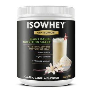 A container of ISOWHEY Plant-Based Nutrition Shake in vanilla flavour.