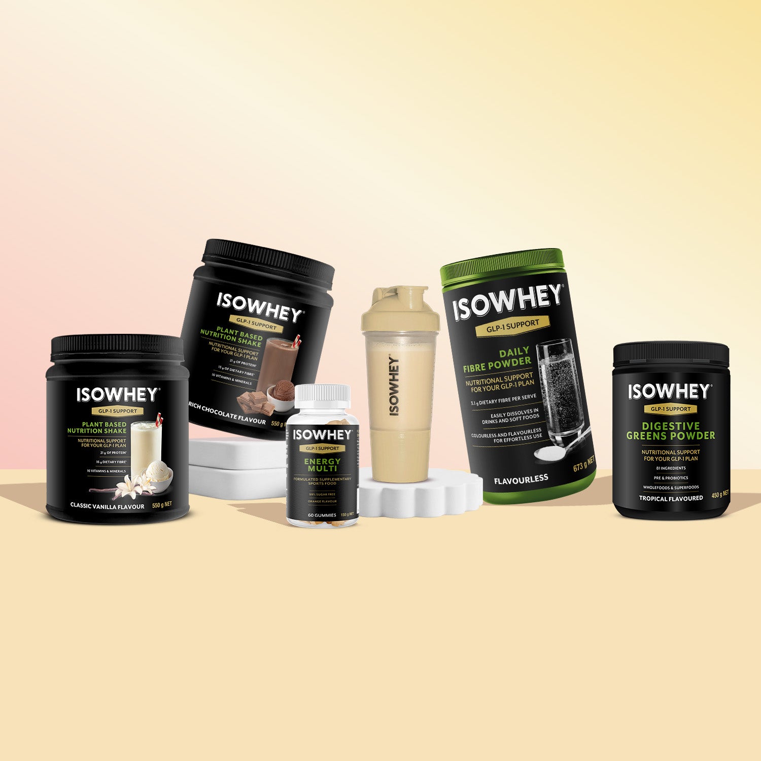 Plant-based GLP-1 support bundle with protein shakes, fibre, greens and energy gummies designed to complement your nutrition routine.