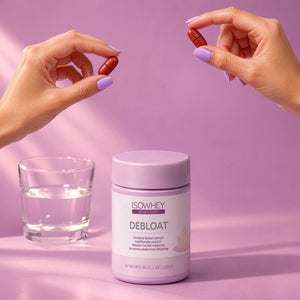 Two hands holding supplements with a container labeled 'DEBOAT' on a pink background