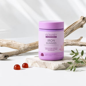 Purple container labeled 'Sowhey Iron Gummies' on a light background with branches and leaves.