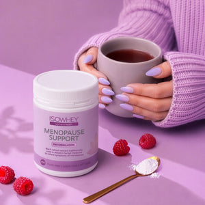 ISOWHEY Menopause Support supplement with a cup of tea and raspberries on a purple background