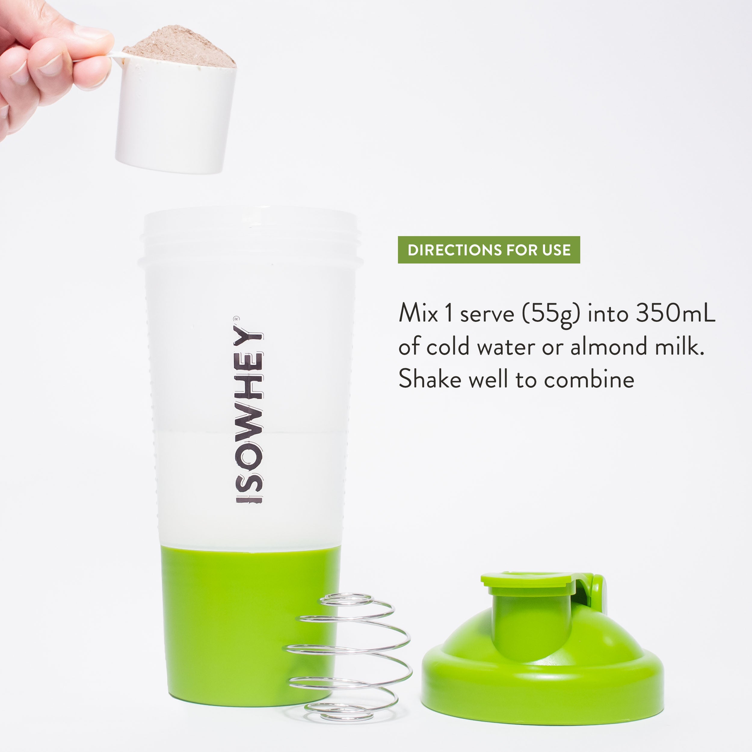 A person is holding a spoonful of Chocolate shake powder close to an opened IsoWhey shaker with the text 'Directions for Use'.