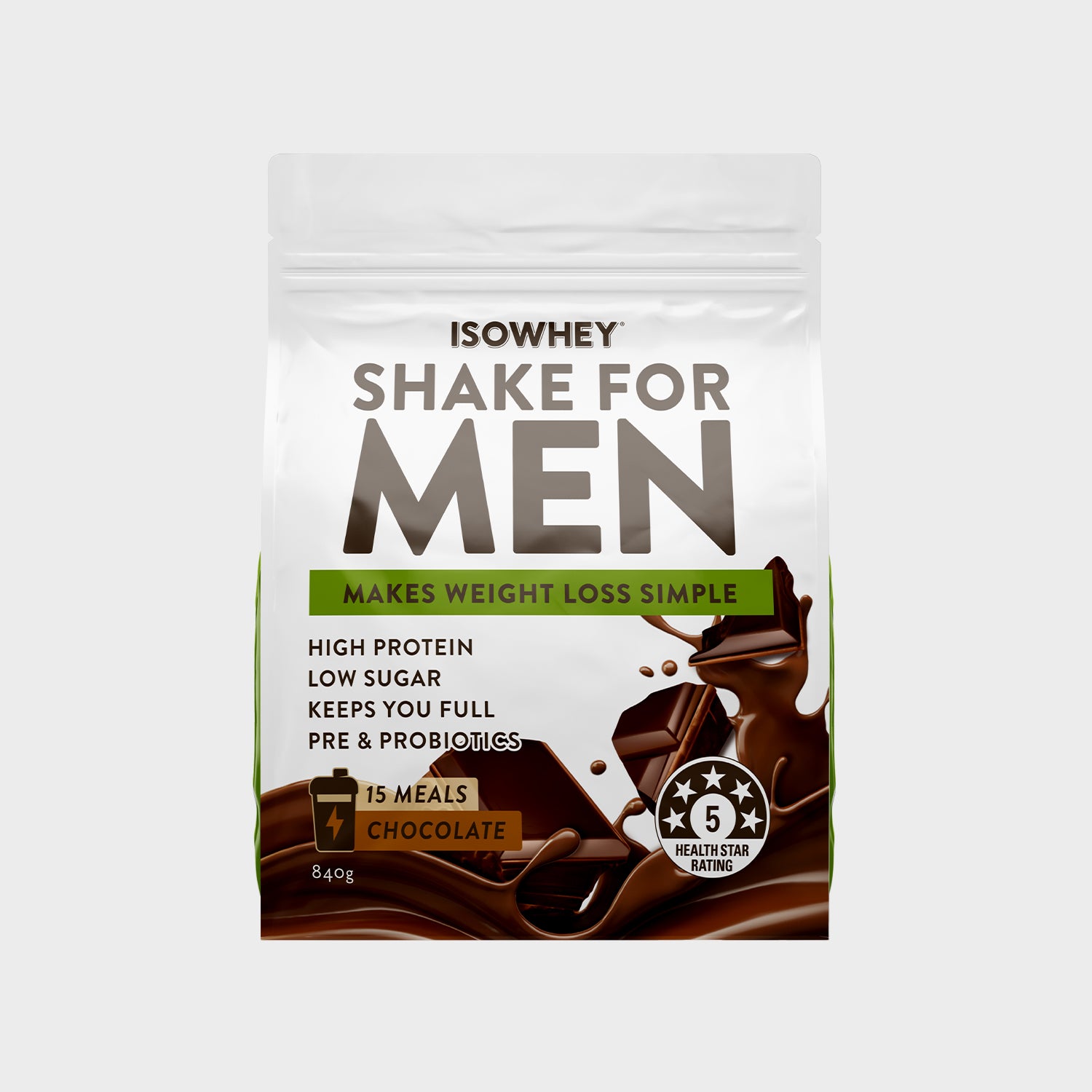 IsoWhey Shake for Men Chocolate 840g Pack Front View