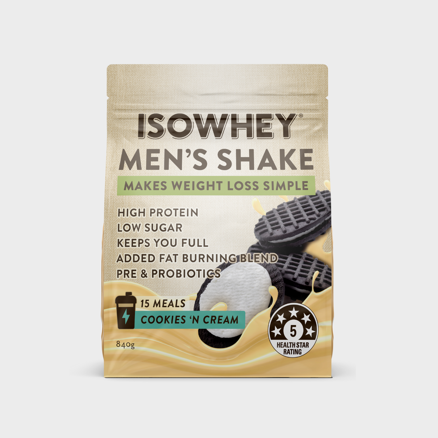 IsoWhey Men's Shake Cookies & Cream 840g Pack Front View