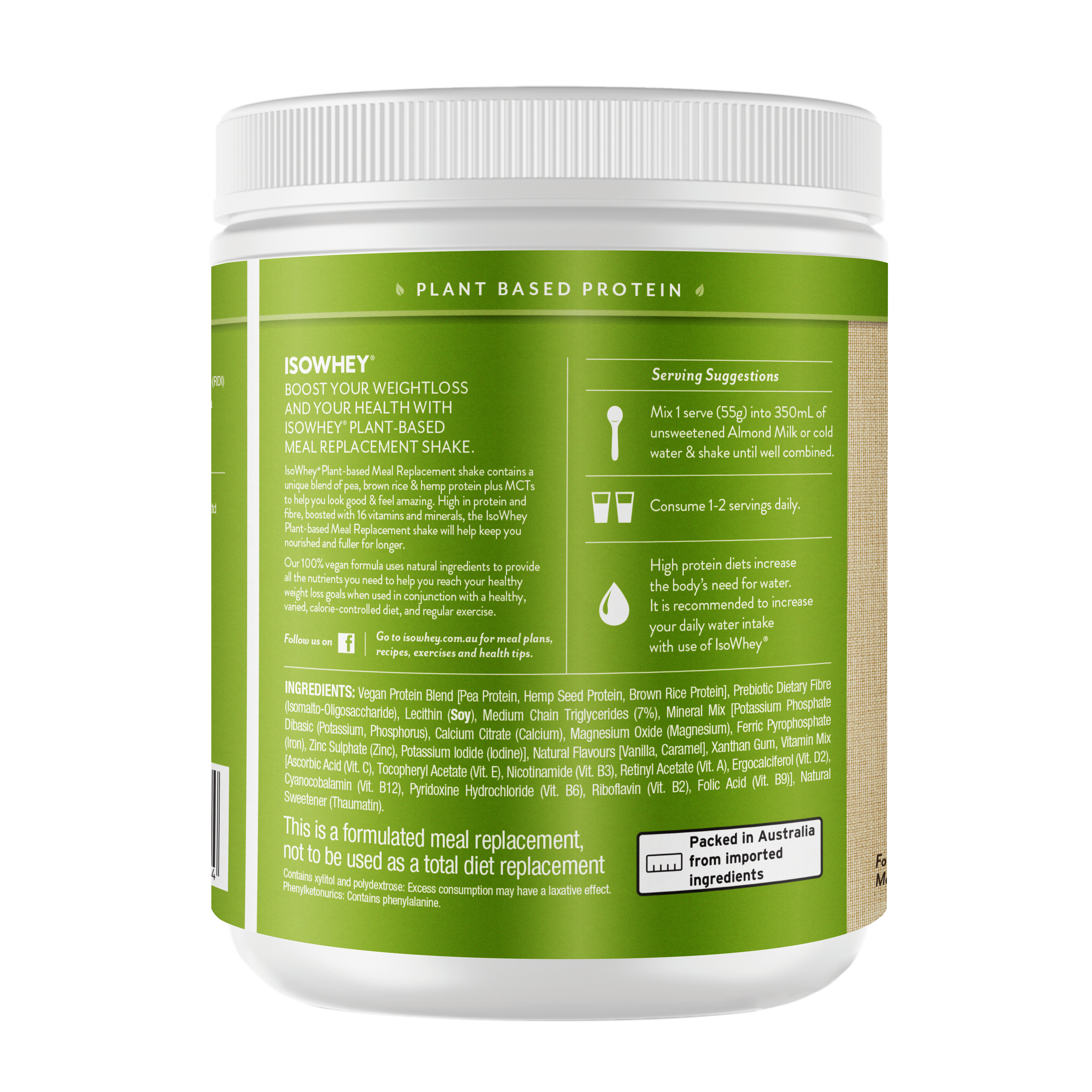 IsoWhey Plant-Based Meal Replacement Vanilla Shake 550g label featuring its ingredients, serving size, and brand description.
