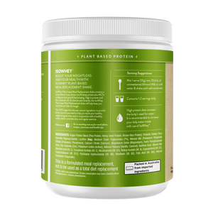 IsoWhey Plant-Based Meal Replacement Vanilla Shake 550g label featuring its ingredients, serving size, and brand description.