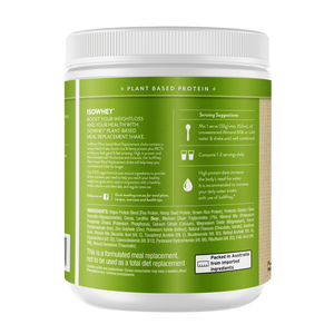 IsoWhey Plant-Based Meal Replacement Chocolate Shake 550g packaging backshot, showing its ingredients and serving suggestions