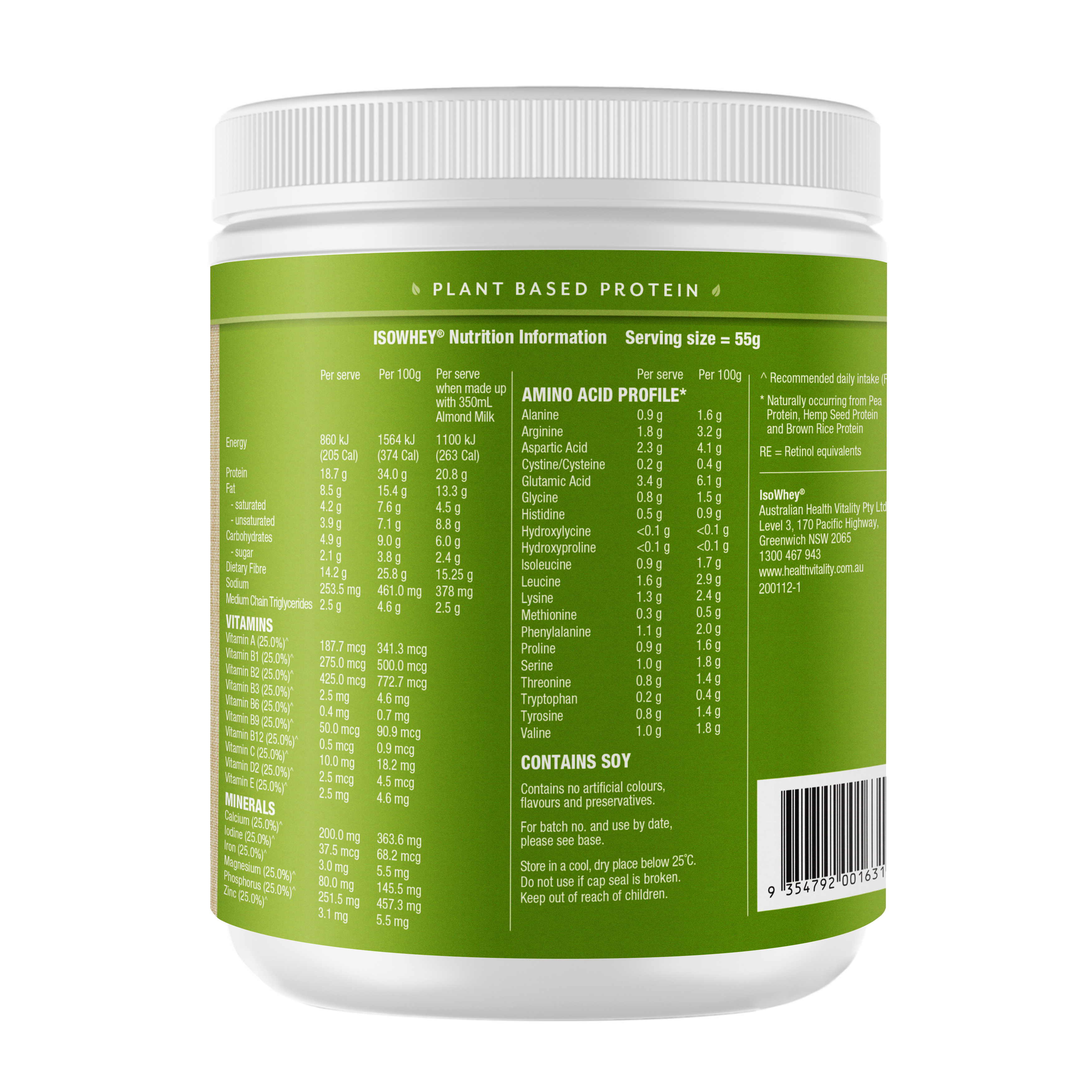 IsoWhey Plant-Based Meal Replacement Chocolate Shake 550g backshot, showing its nutritional information