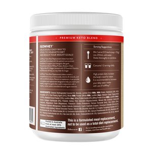 IsoWhey Keto Chocolate Shake 550g Container Backshot: Label highlighting Ingredients and Serving Suggestions