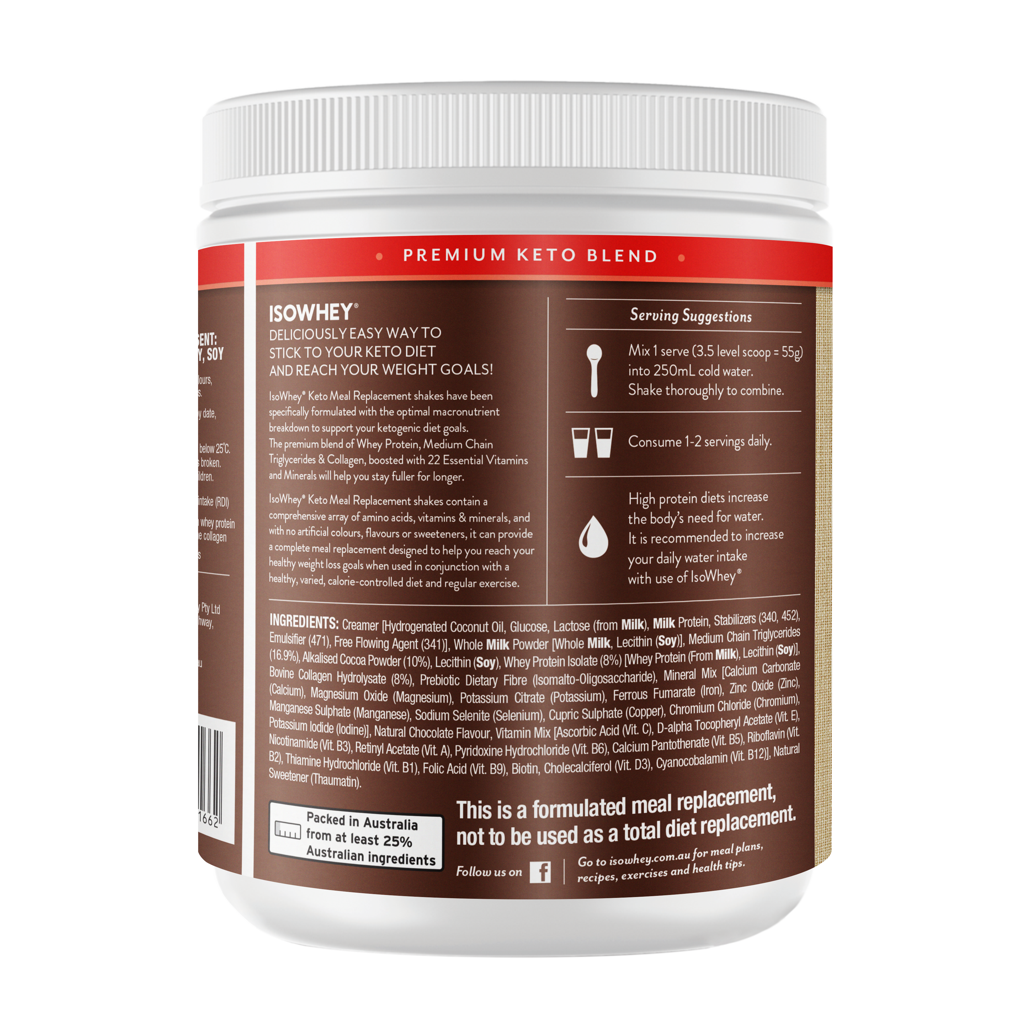 IsoWhey Keto Chocolate Shake 550g Container Backshot: Label highlighting Ingredients and Serving Suggestions