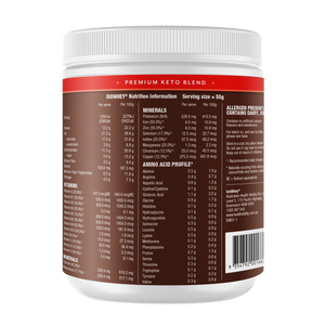 IsoWhey Chocolate Keto Shake 550g Container: Label highlighting Nutritional Information, Serving Size, and Product Info.
