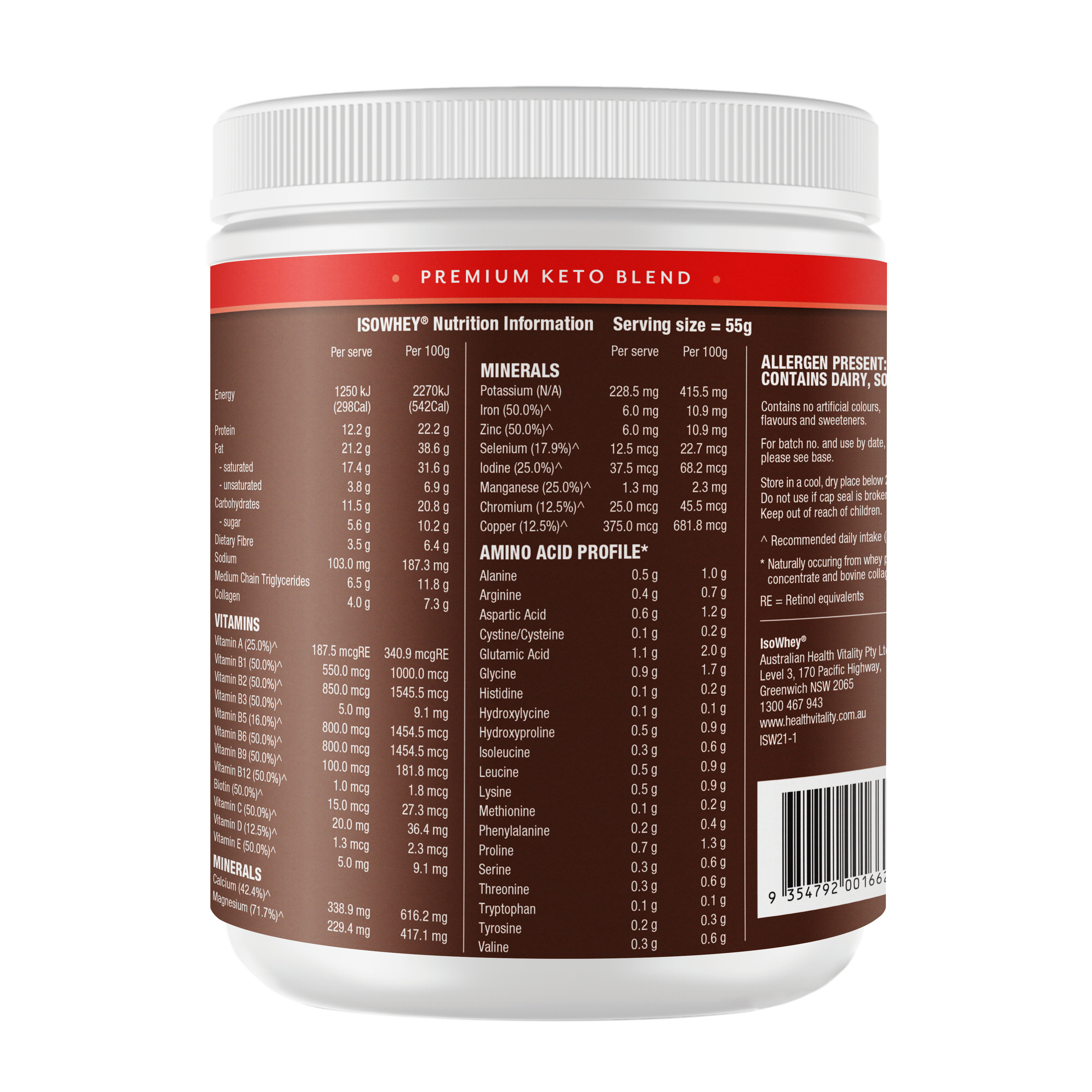 IsoWhey Chocolate Keto Shake 550g Container: Label highlighting Nutritional Information, Serving Size, and Product Info.