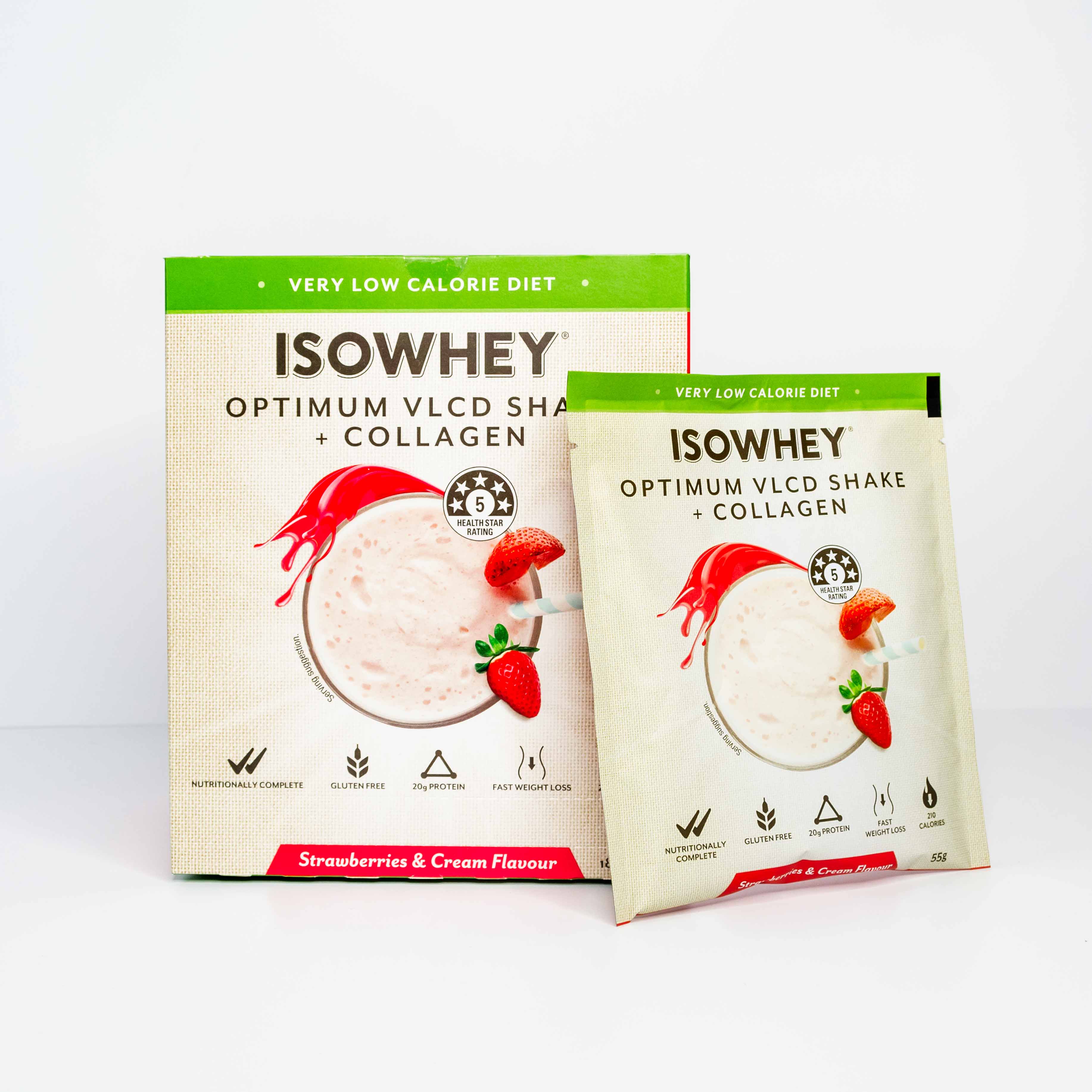 IsoWhey Optimum VLCD Strawberries & Cream 18x55g front side with one sachet on the side
