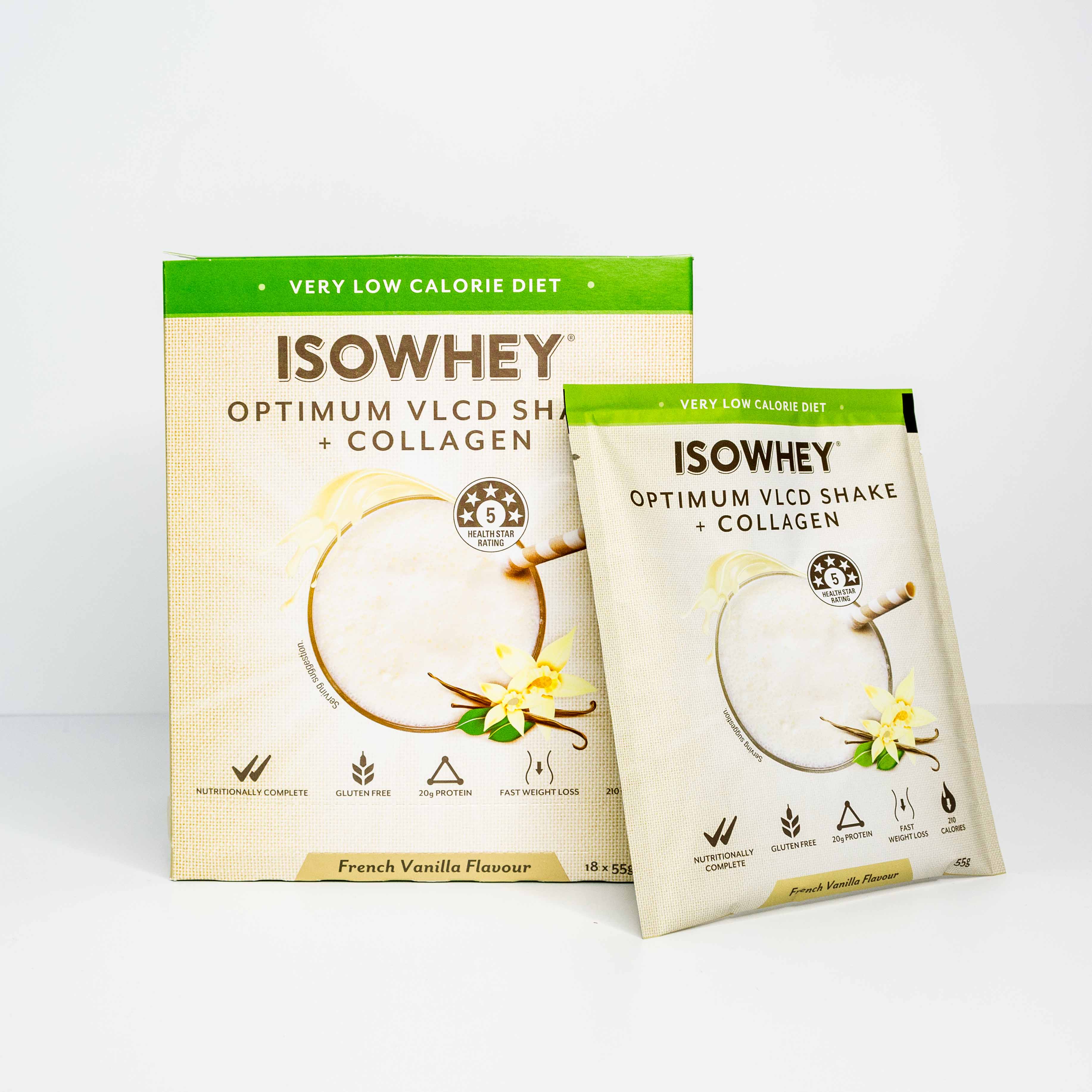IsoWhey Optimum VLCD Shake French Vanilla 18x55g front side with one sachet on the side