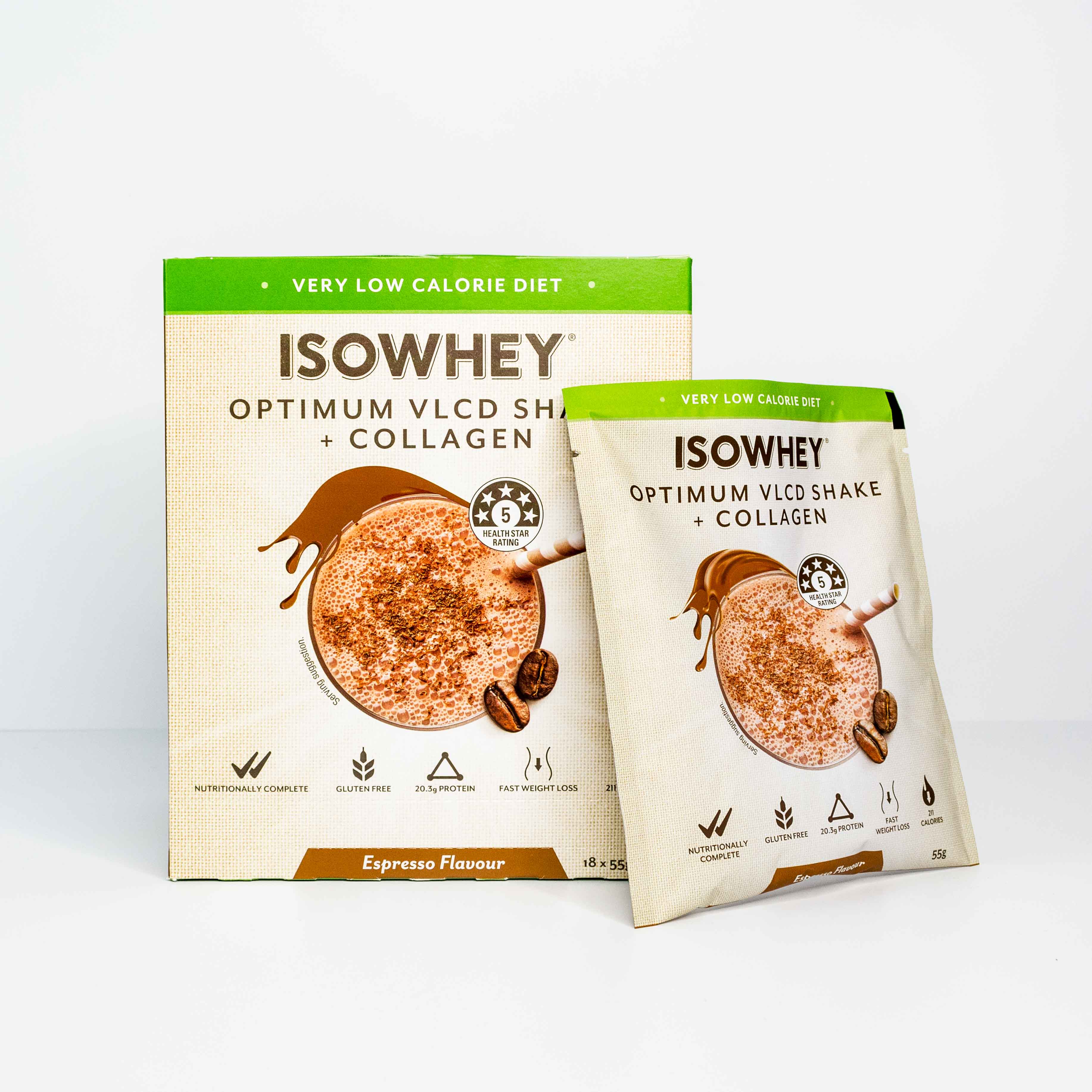 IsoWhey Optimum VLCD Espresso 18x55g front side with one sachet on the side