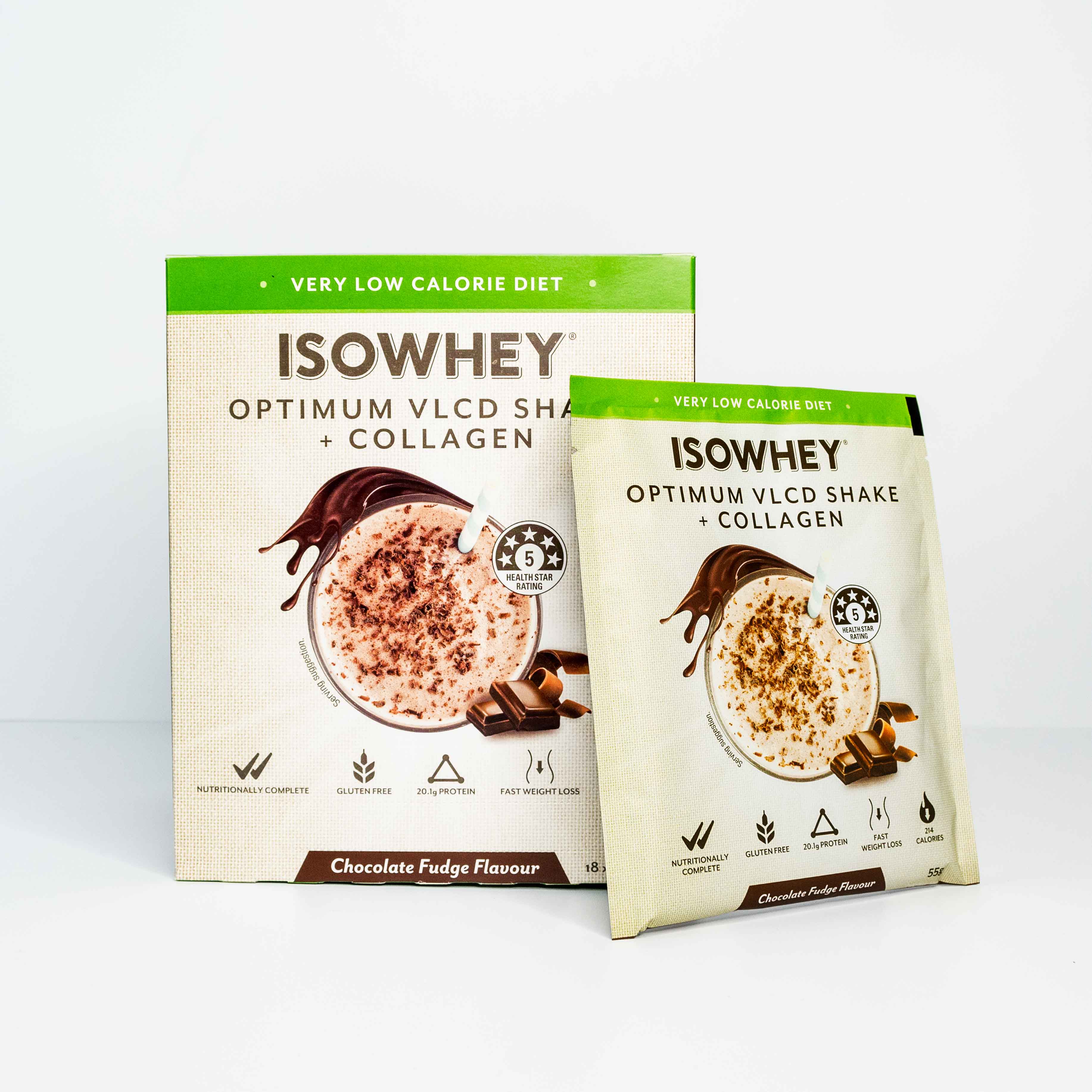 IsoWhey Optimum VLCD Shake Chocolate Fudge 18x55g front view with one sachet on the side