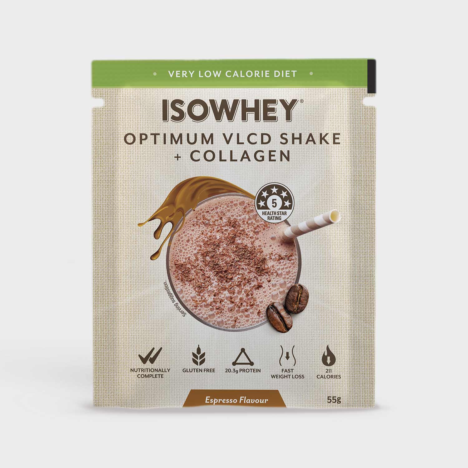 IsoWhey Optimum VLCD Espresso sachet 55 grams front side