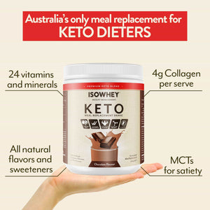IsoWhey Keto Shake, 550g bottle with Chocolate flavor, shown on palm, highlighting key product features.