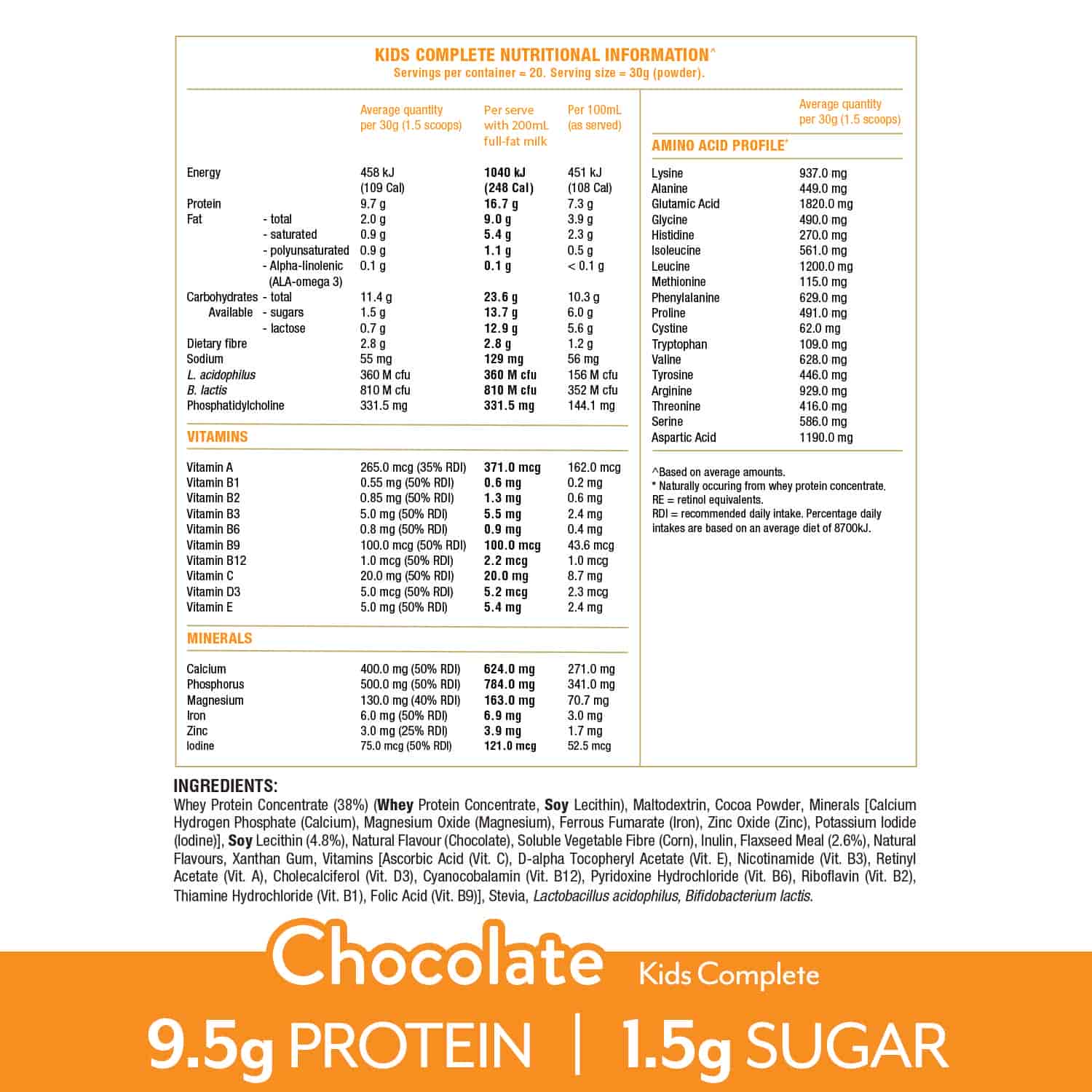 IsoWhey Clinical Nutrition Kids Complete Chocolate 600g with nutritional information