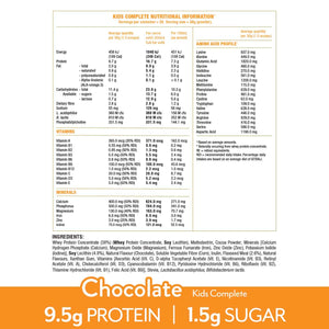 IsoWhey Clinical Nutrition Kids Complete Chocolate 600g with nutritional information