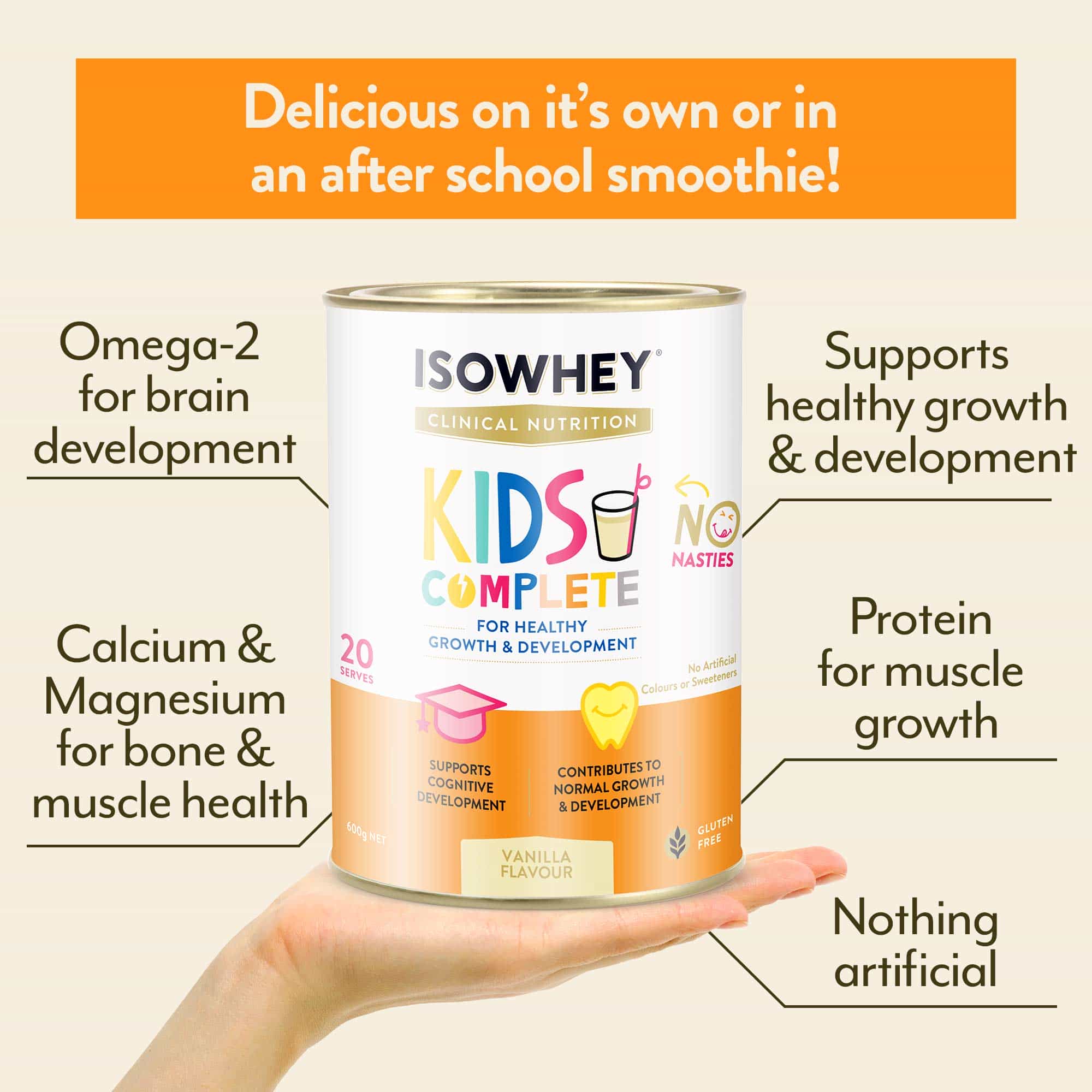 IsoWhey Clinical Nutrition Kids Complete Vanilla 600g with text details