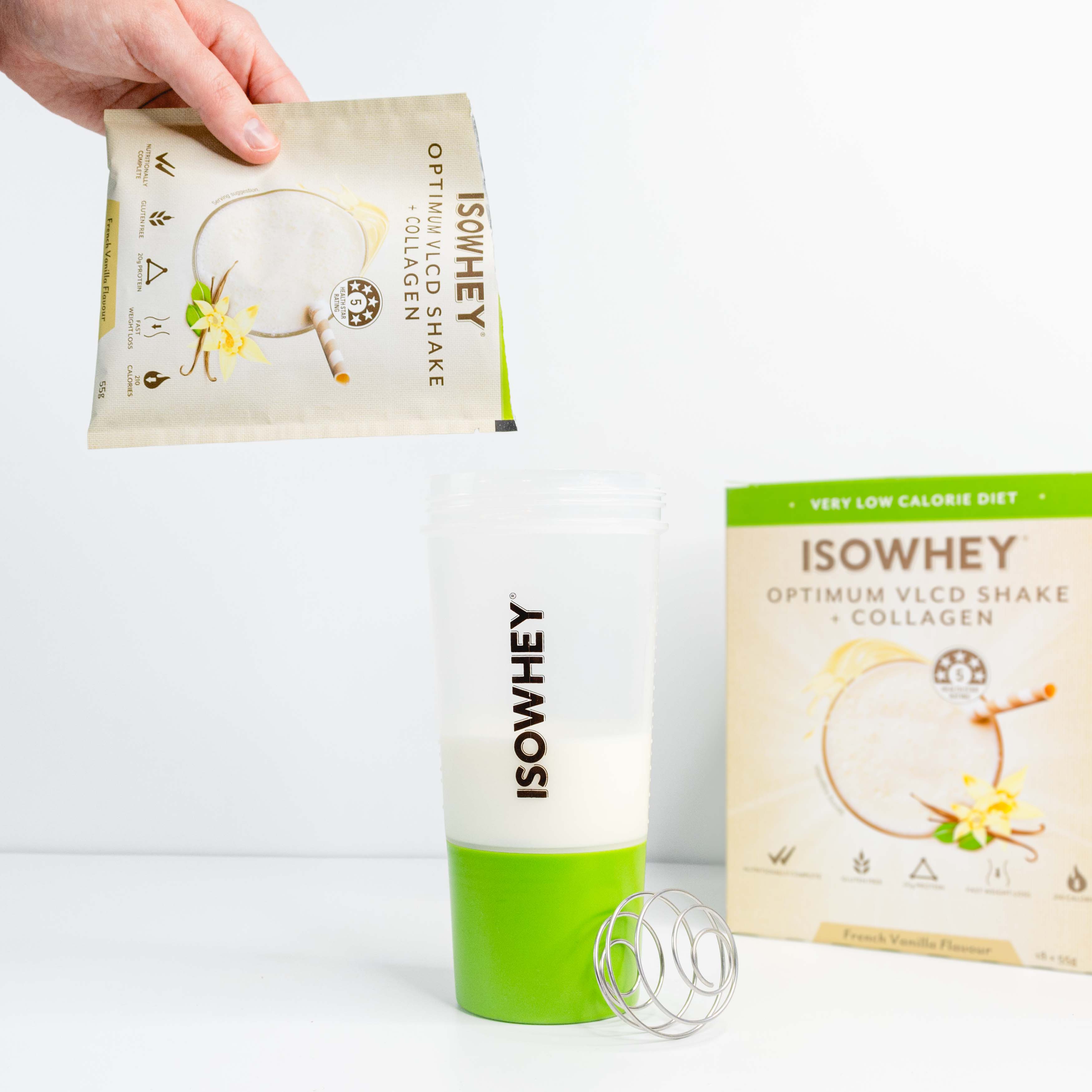 one sachet of IsoWhey Optimum VLCD Shake French Vanilla 18x55g being poured onto Isowhey shaker
