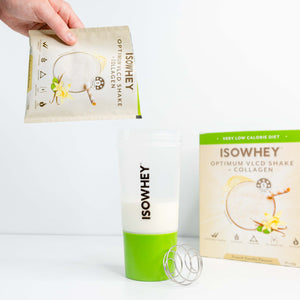 one sachet of IsoWhey Optimum VLCD Shake French Vanilla 18x55g being poured onto Isowhey shaker