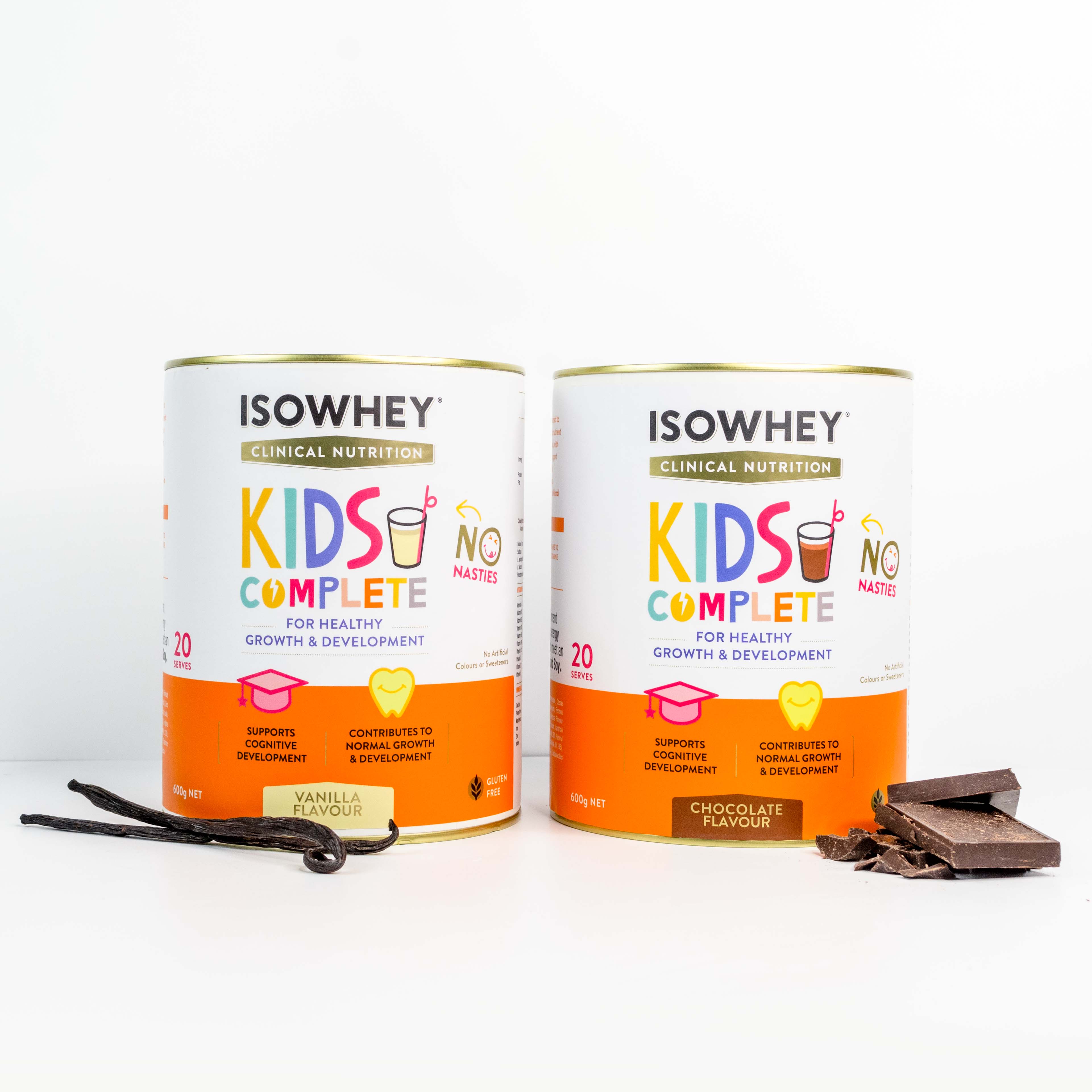 2 cans of IsoWhey Clinical Nutrition Kids Complete 600g - Chocolate and Vanilla Flavor