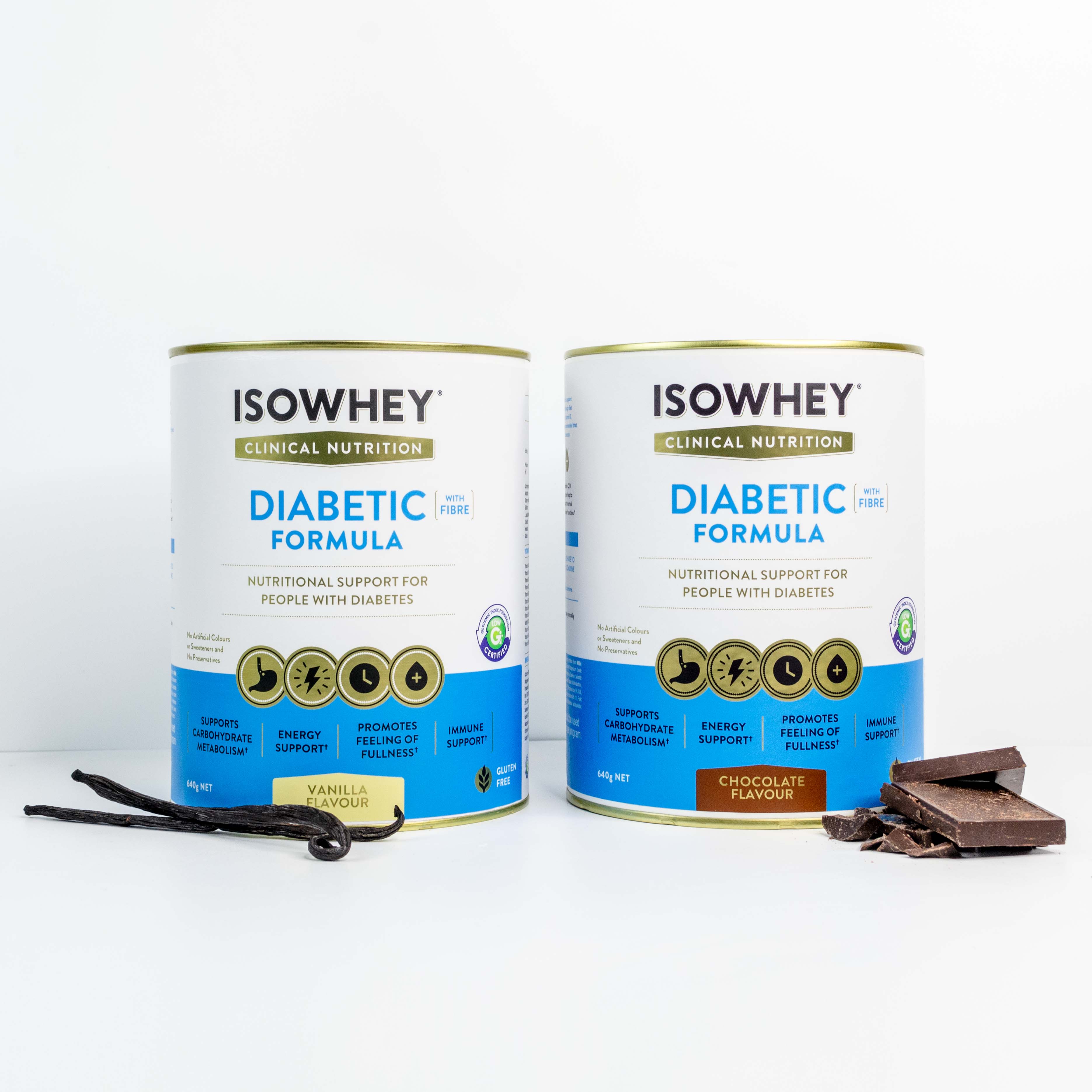2 cans of IsoWhey Clinical Nutrition Diabetic Formula 640g - Chocolate and Vanilla Flavor