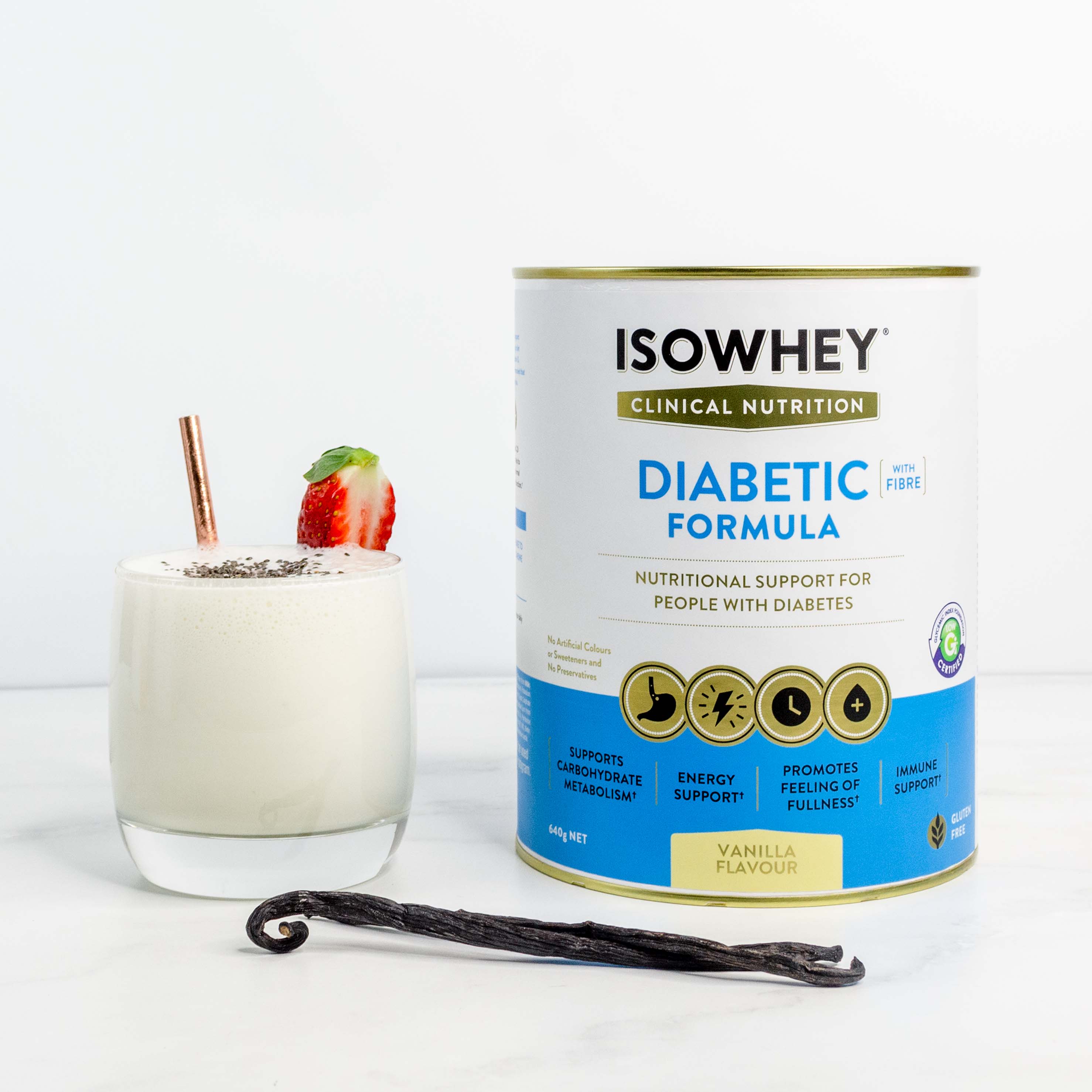 IsoWhey Clinical Nutrition Diabetic Formula Vanilla 640g with glass of Isowhey shake & dried vanilla pod