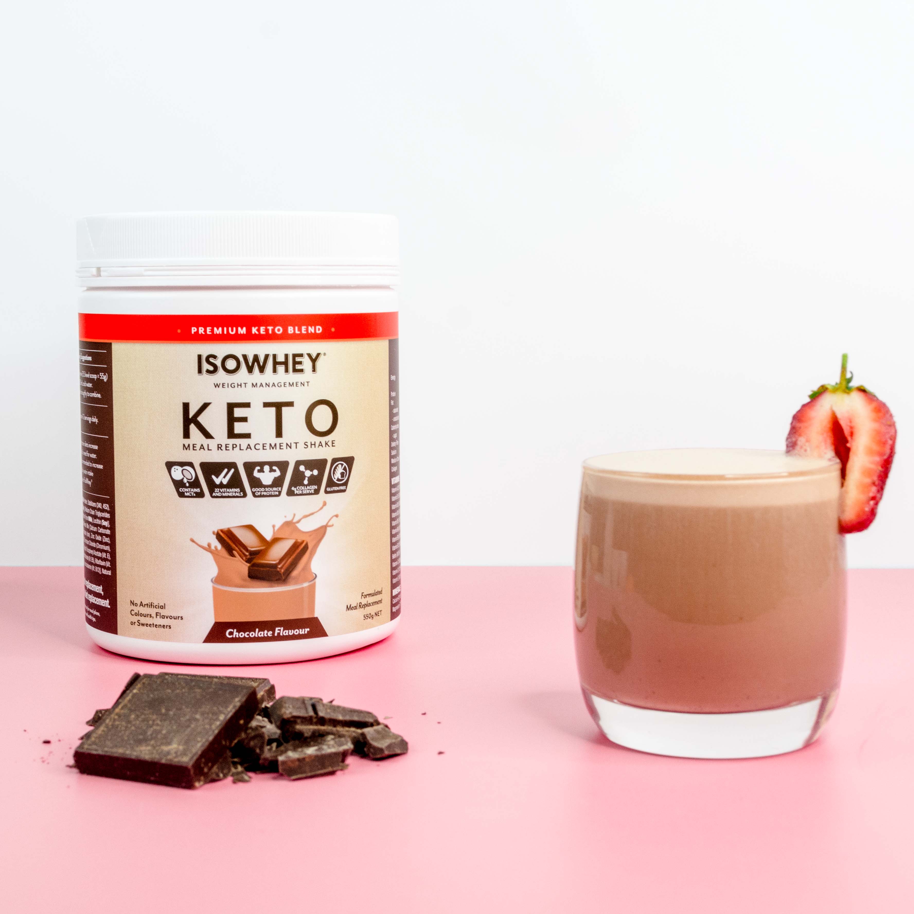 IsoWhey Keto Meal Replacement Shake Chocolate 550g with a glass of shake