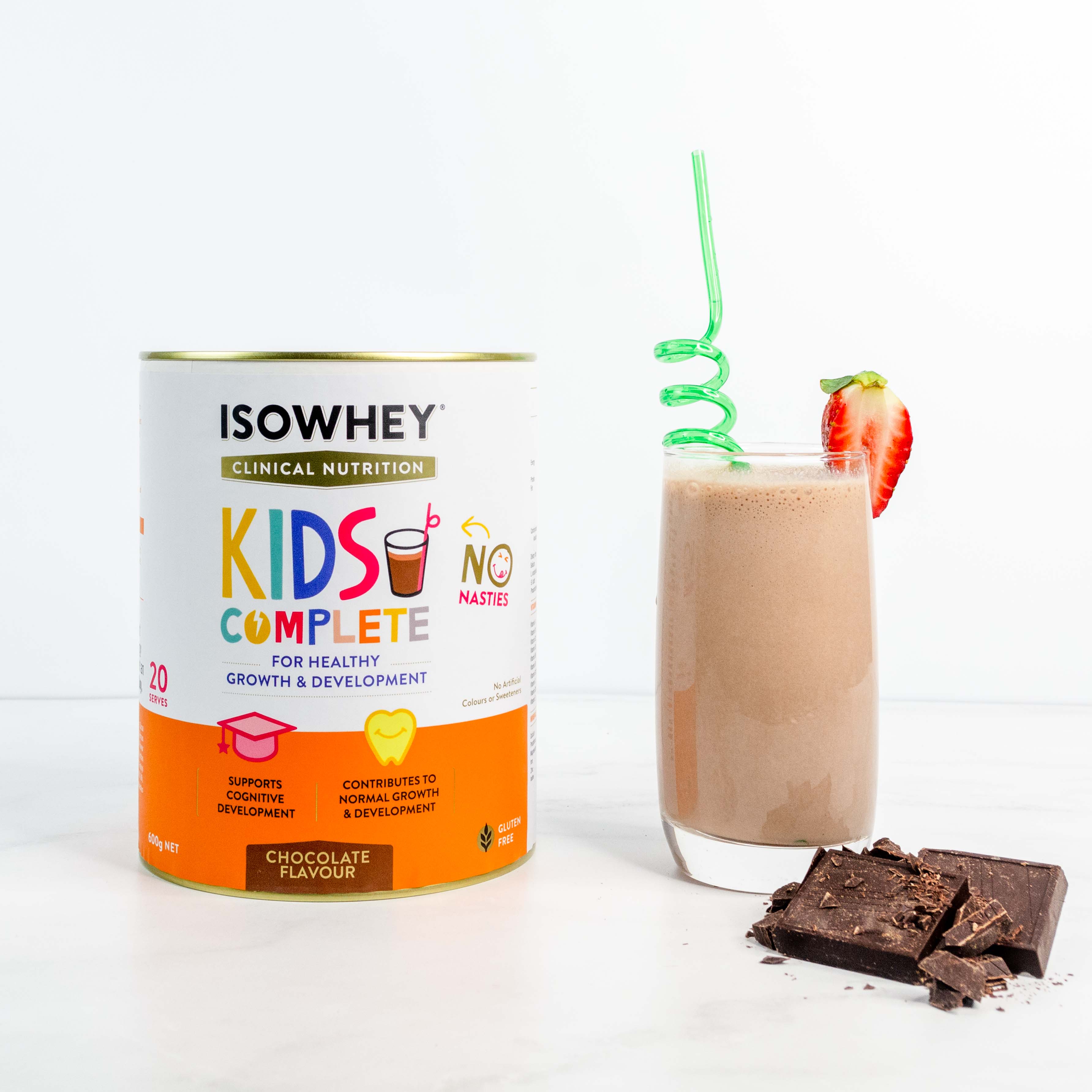 IsoWhey Clinical Nutrition Kids Complete Chocolate 600g with glass of Isowhey shake & choco bar