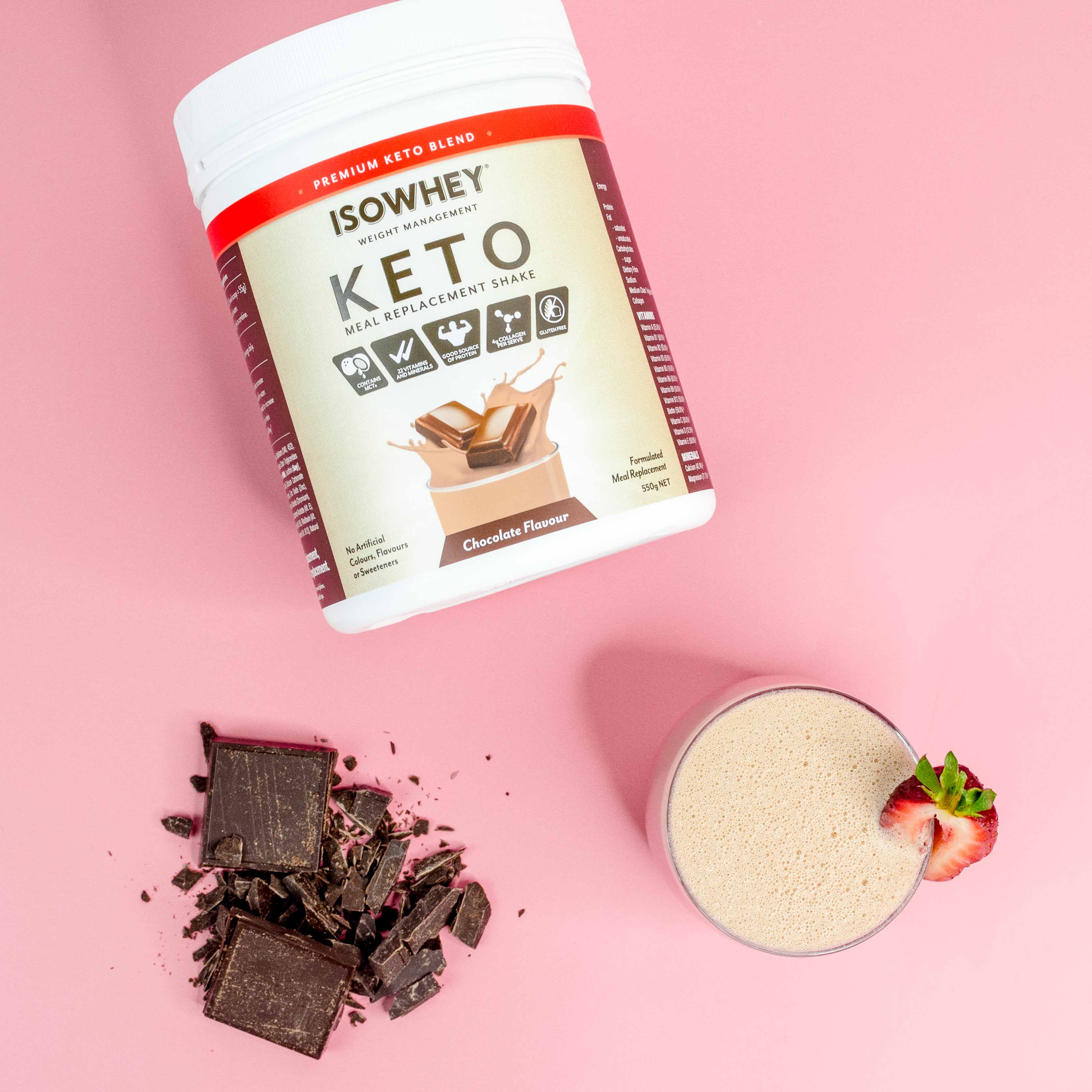 IsoWhey Keto Meal Replacement Shake Chocolate 550g with a glass of shake top view