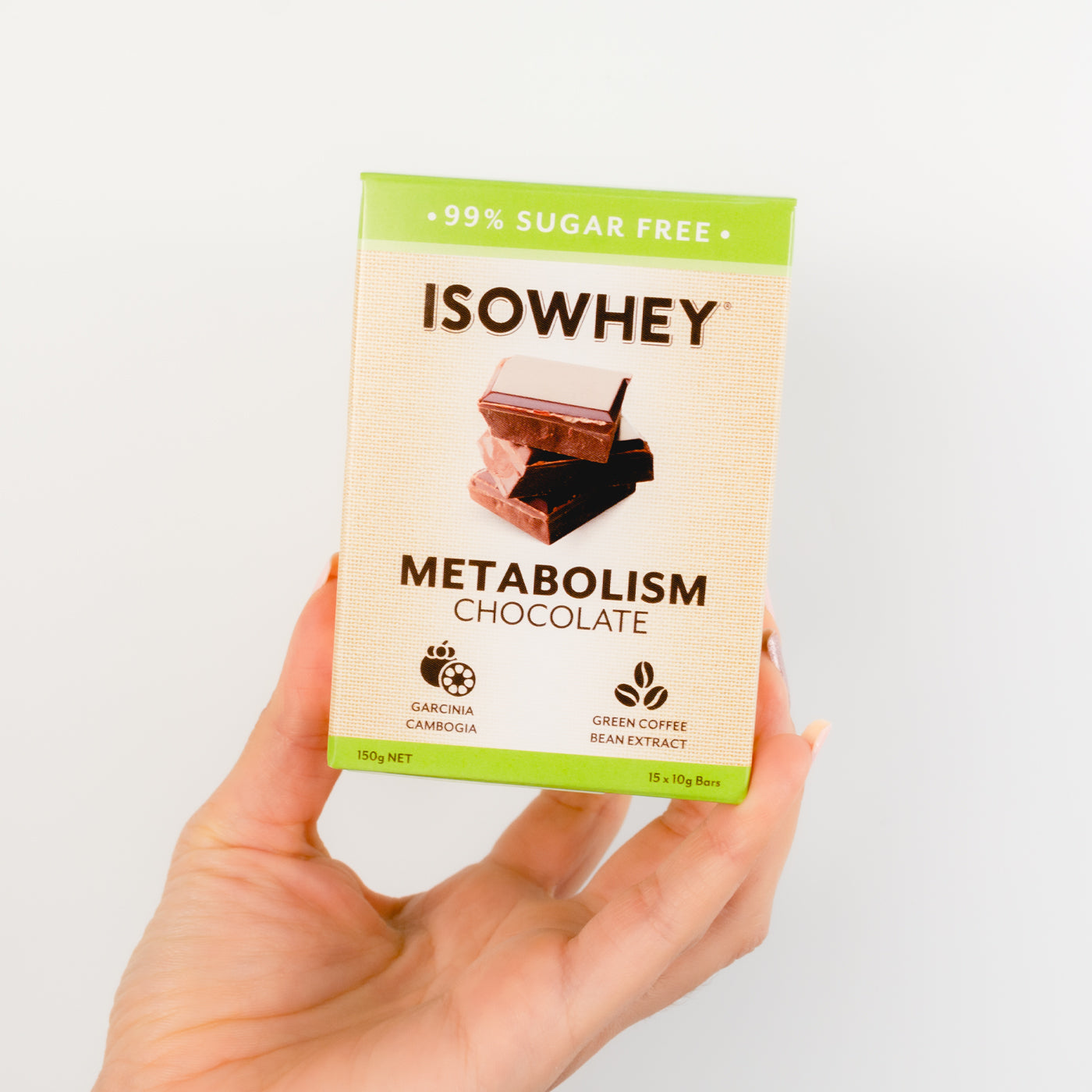 A Box IsoWhey Metabolism Chocolate 15x10g Held By Hand