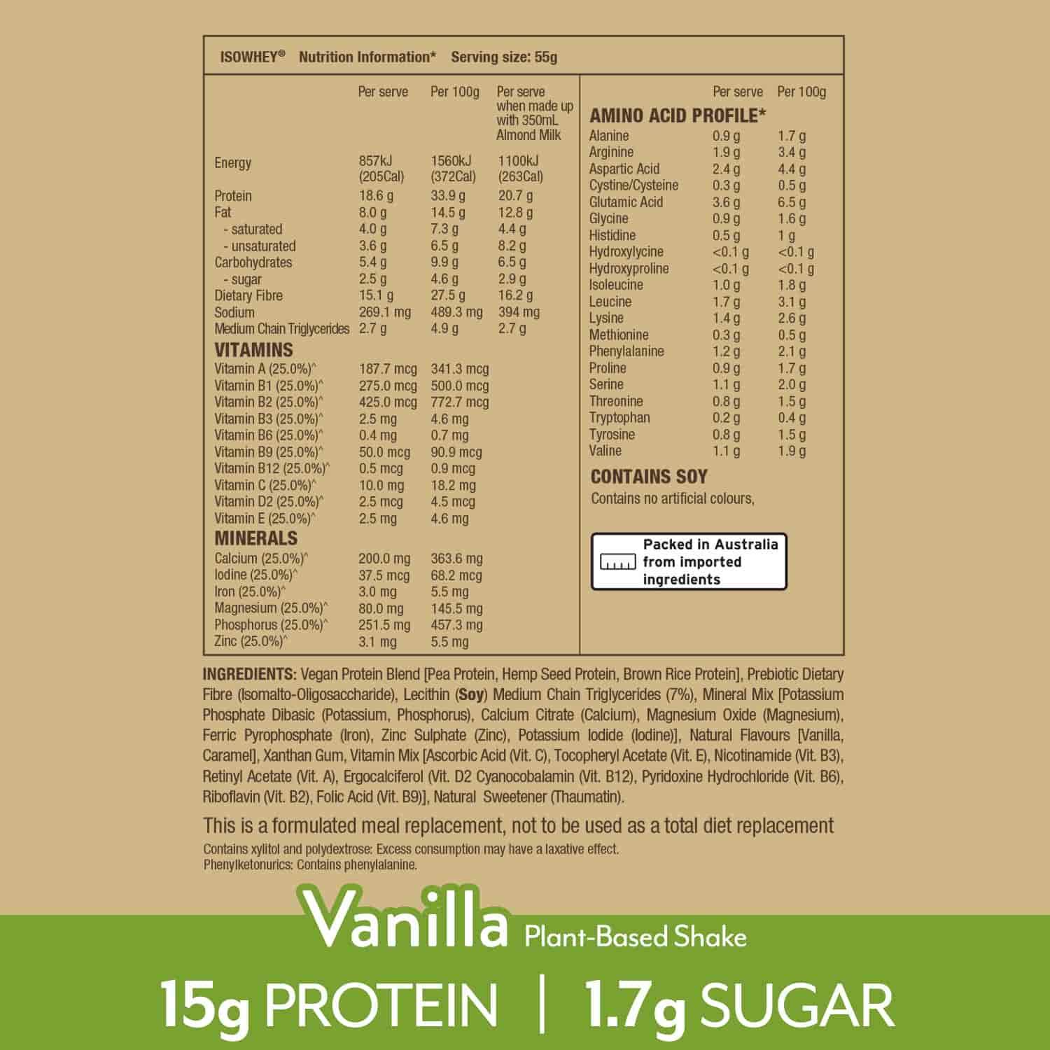 IsoWhey Plant-Based Meal Replacement Vanilla Shake 550g with nutrional information