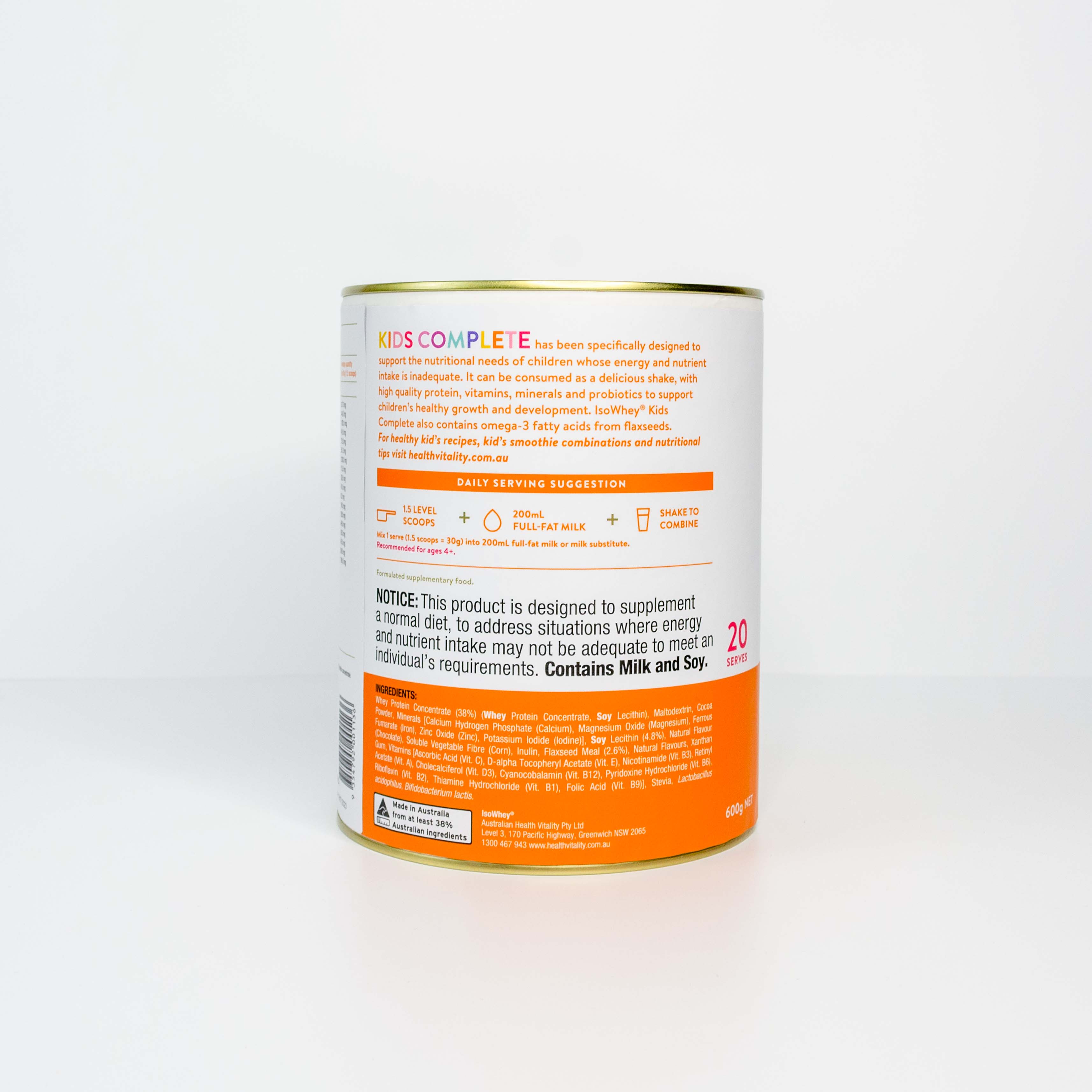 IsoWhey Clinical Nutrition Kids Complete Chocolate 600g back of the can