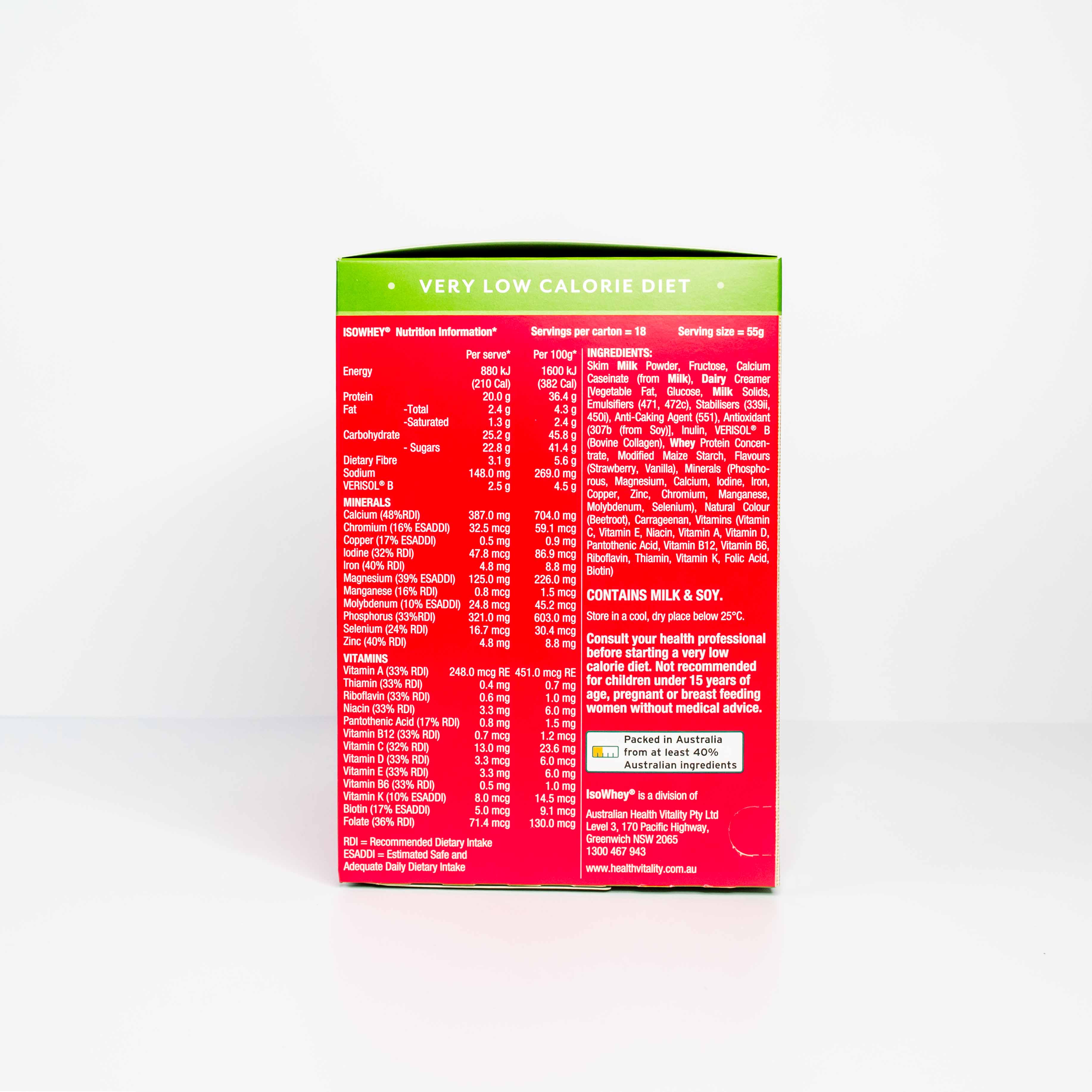 IsoWhey Optimum VLCD Strawberries & Cream 18x55g ingredients list