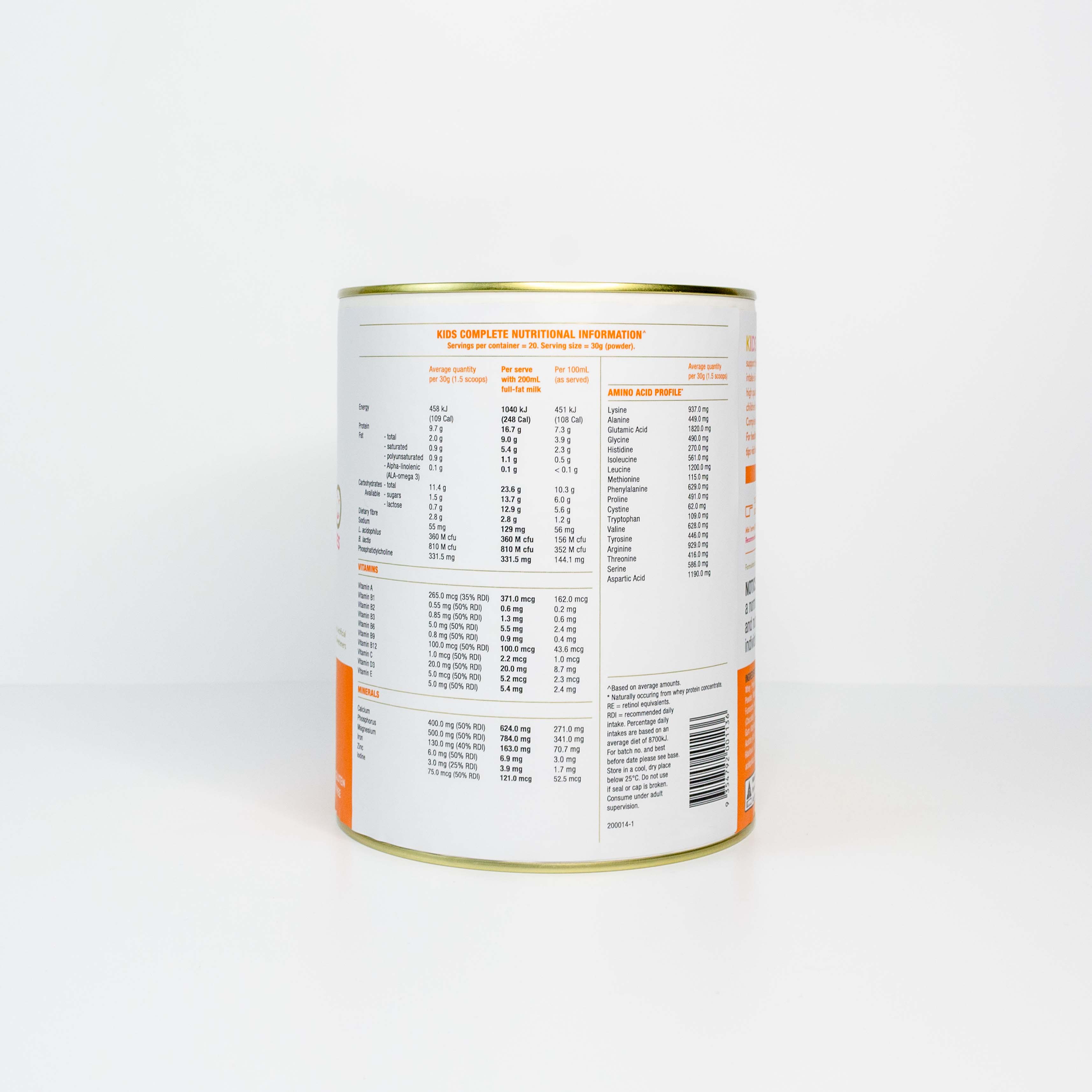 IsoWhey Clinical Nutrition Kids Complete Chocolate 600g back of the can with nutritional information