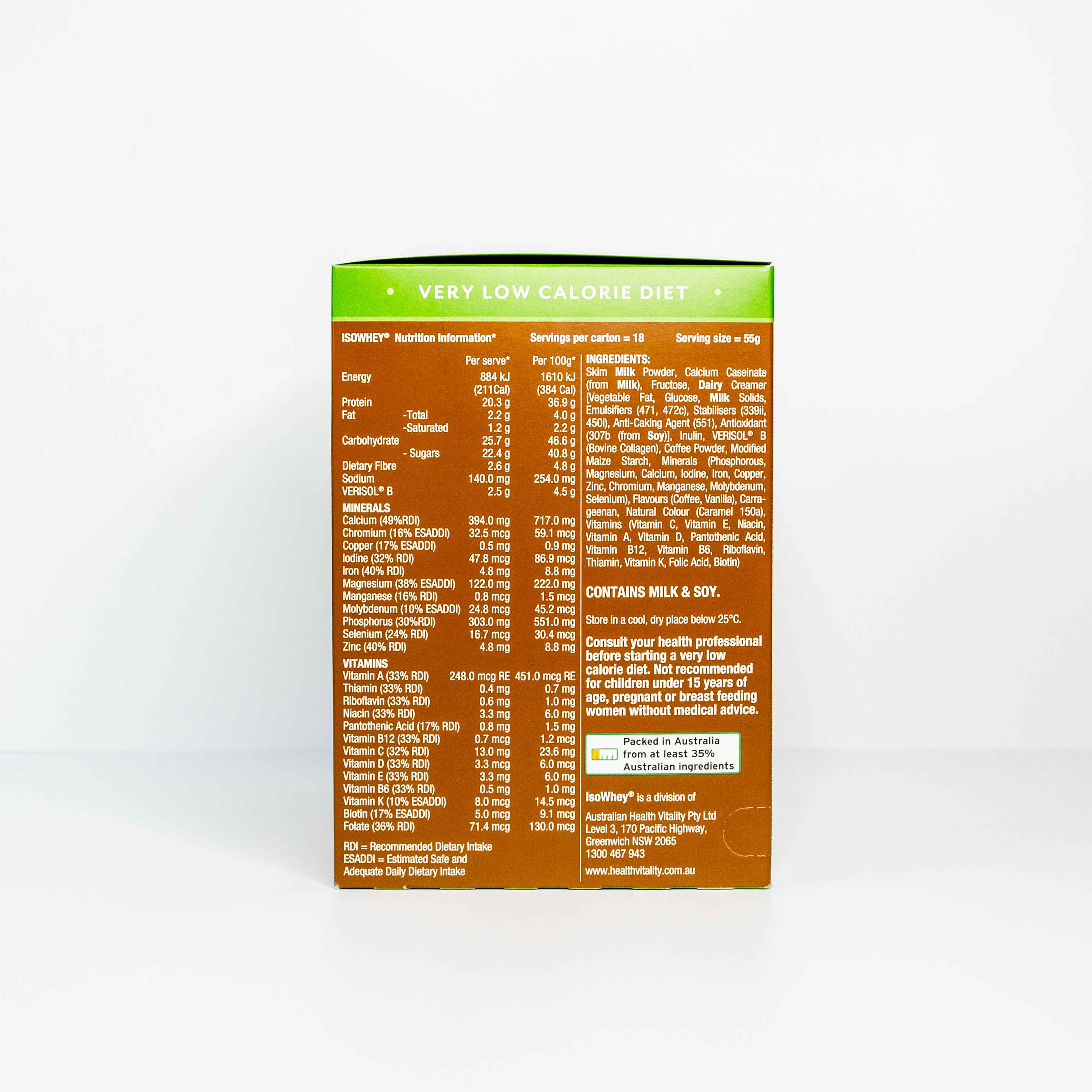 IsoWhey Optimum VLCD Espresso 18x55g back side with ingredients list