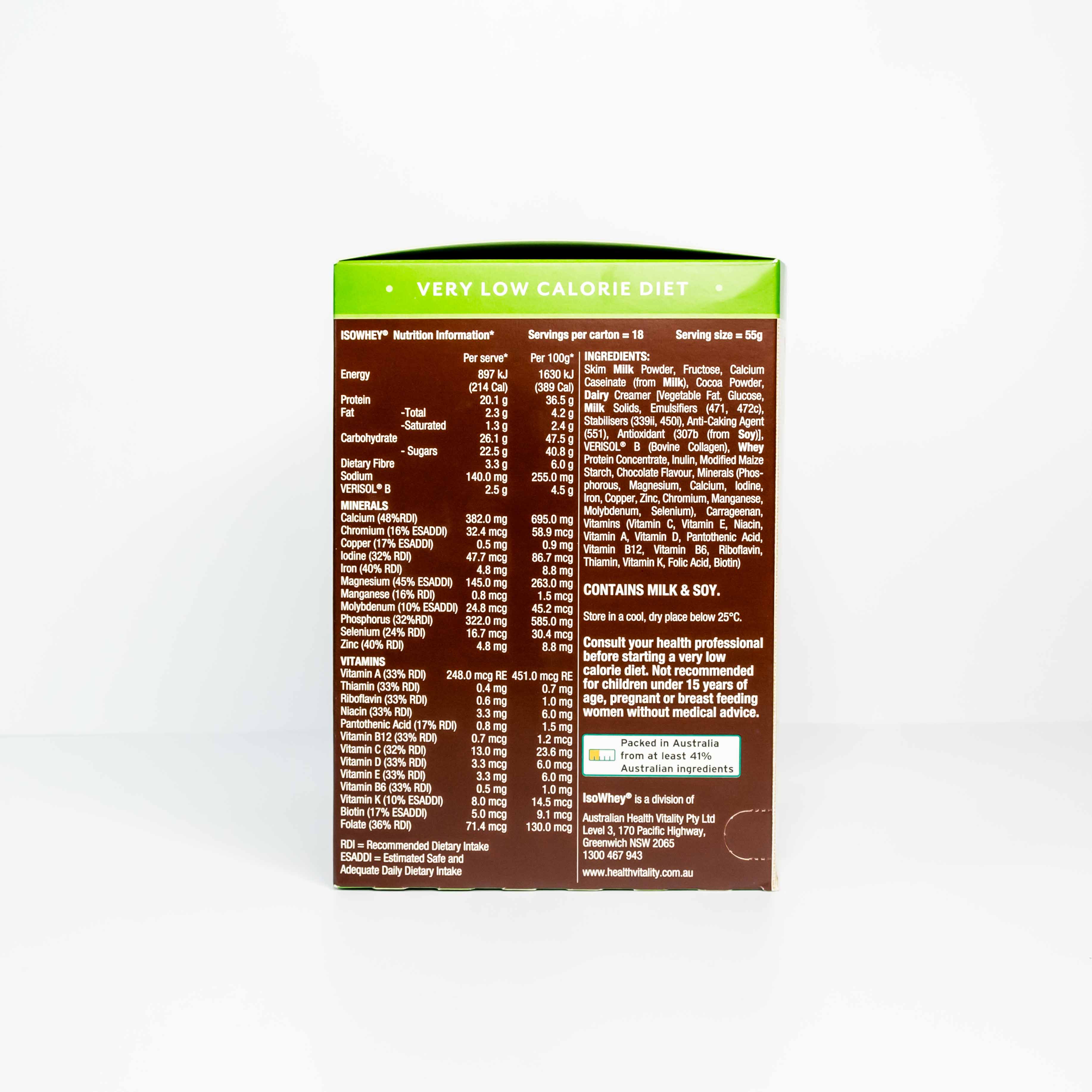 IsoWhey Optimum VLCD Shake Chocolate Fudge 18x55g ingredients list
