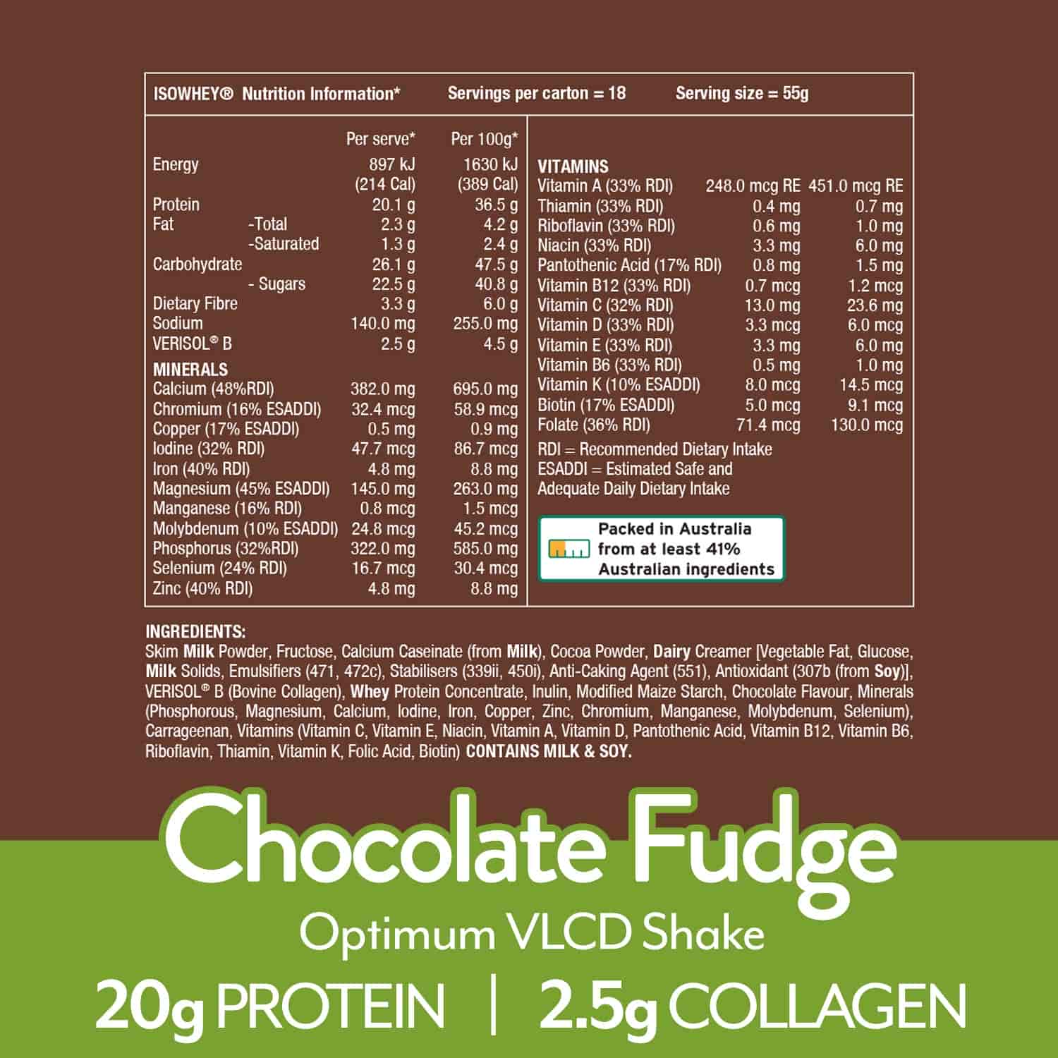 IsoWhey Optimum VLCD Shake Chocolate Fudge 18x55g nutritional information