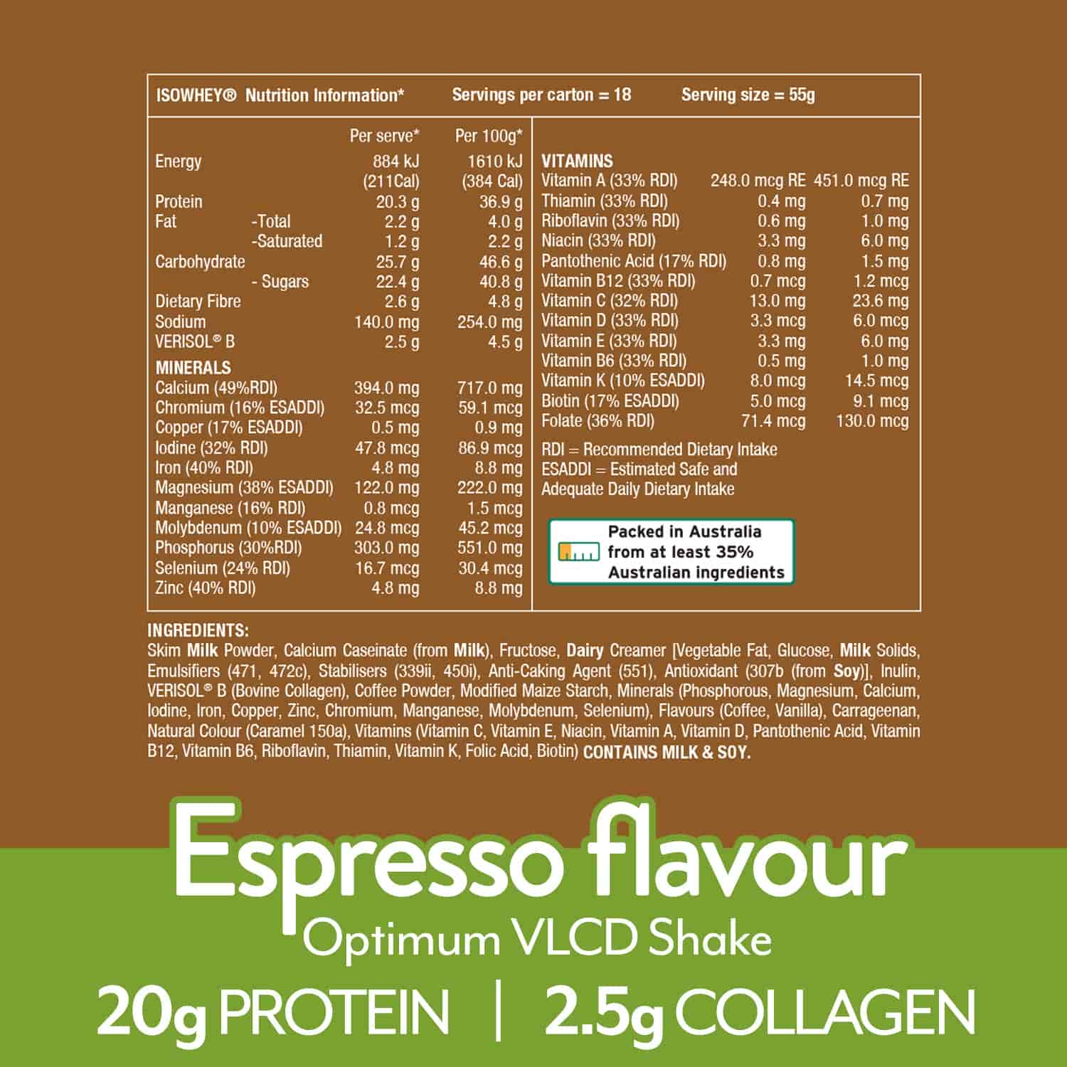 IsoWhey Optimum VLCD Espresso 18x55g nutritional information