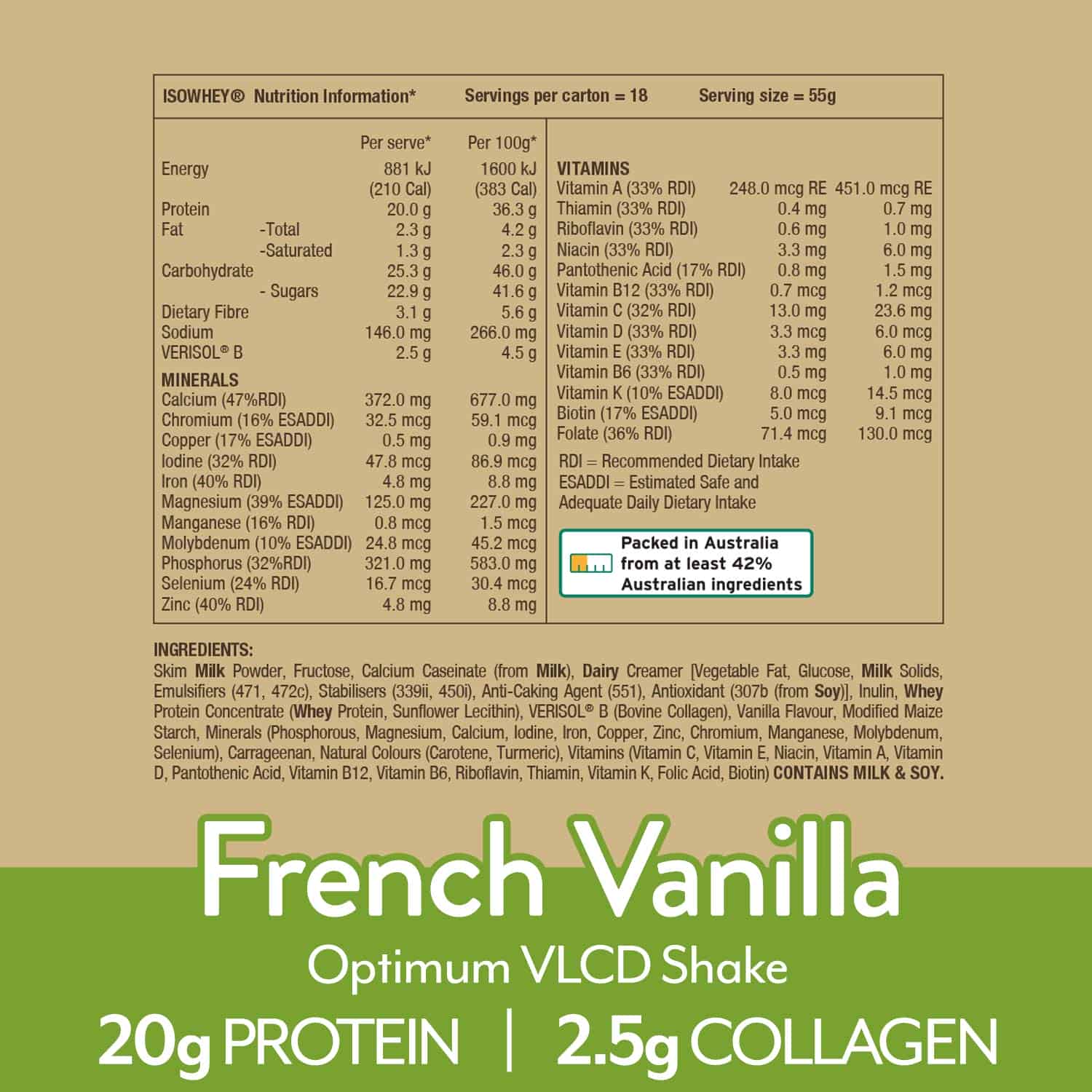 IsoWhey Optimum VLCD Shake French Vanilla 18x55g with nutritional information