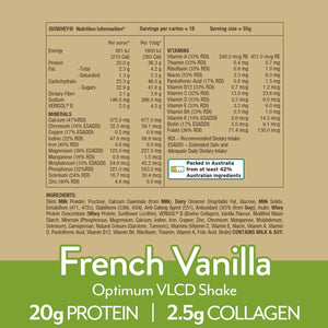 IsoWhey Optimum VLCD Shake French Vanilla 18x55g with nutritional information